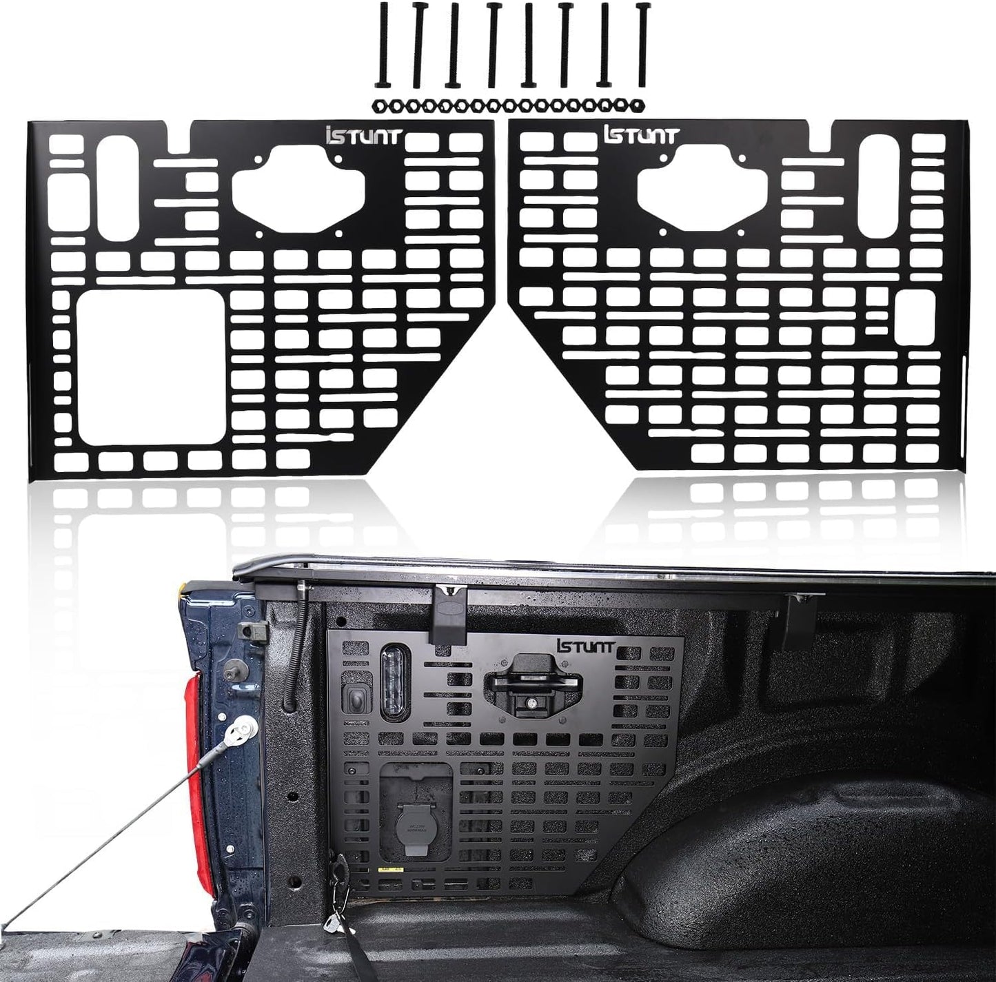 Side Bed Molle Panel Rack Steel Rear Trunk Interior Carrier Cargo Luggage Storage Organizer Horizontal Slot Black Fit for Ford F150 2022 2023 2024 2025