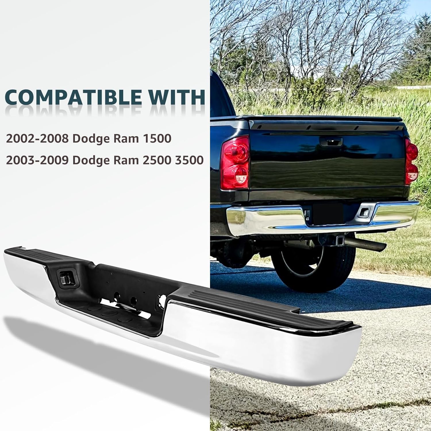 Steel Rear Step Bumper Assembly Compatible with 2002-2009 Dodge Ram 1500 2500 3500, Chrome Back Bumper Fit For 02-09 RAM Replacement for CH1103108