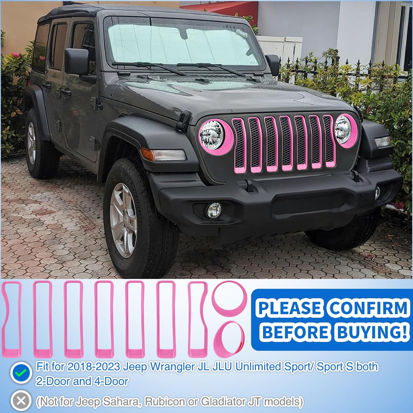 Pink Grille & Headlight Trim Set (9 PCS) for Jeep Wrangler JL 2018-2023
