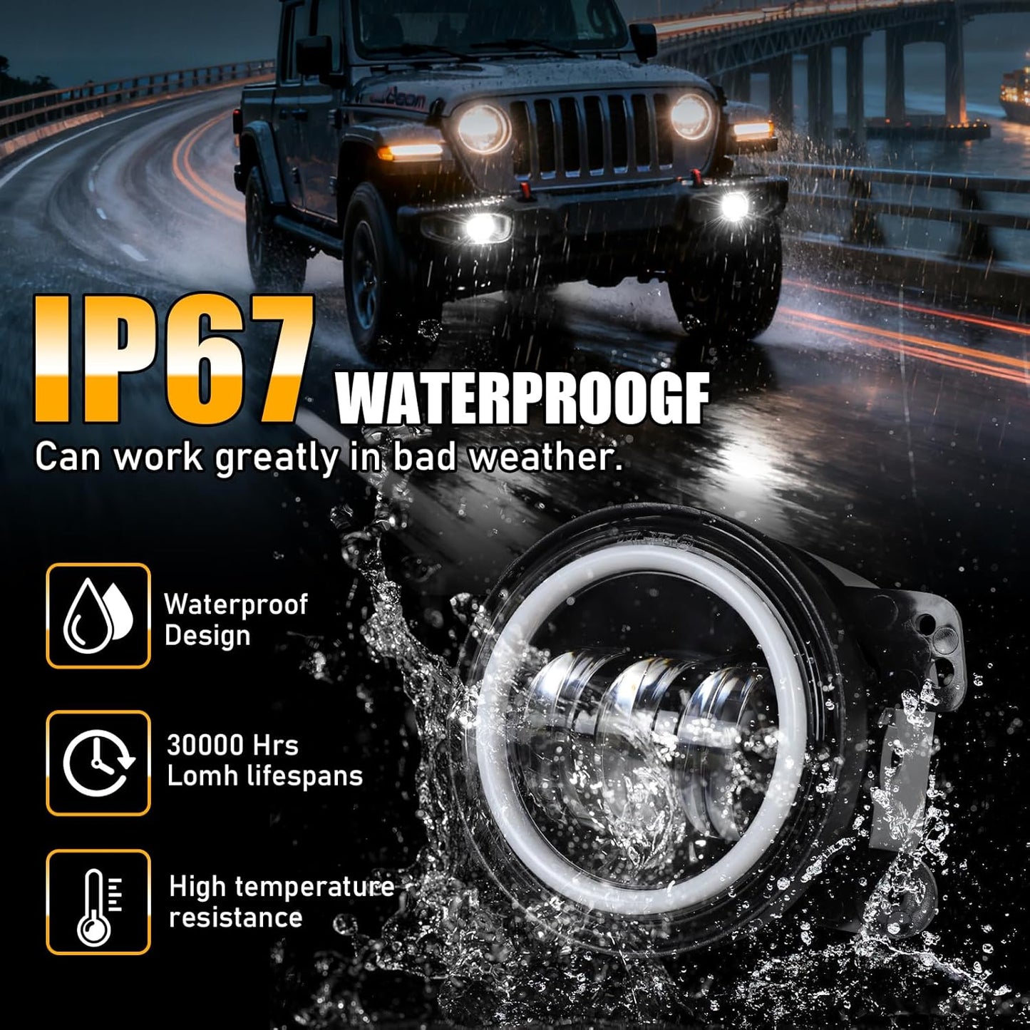 2PCS LED Fog Lights for 2018-2025 Jeep JL & JT - White DRL & Amber Halo, Plug & Play