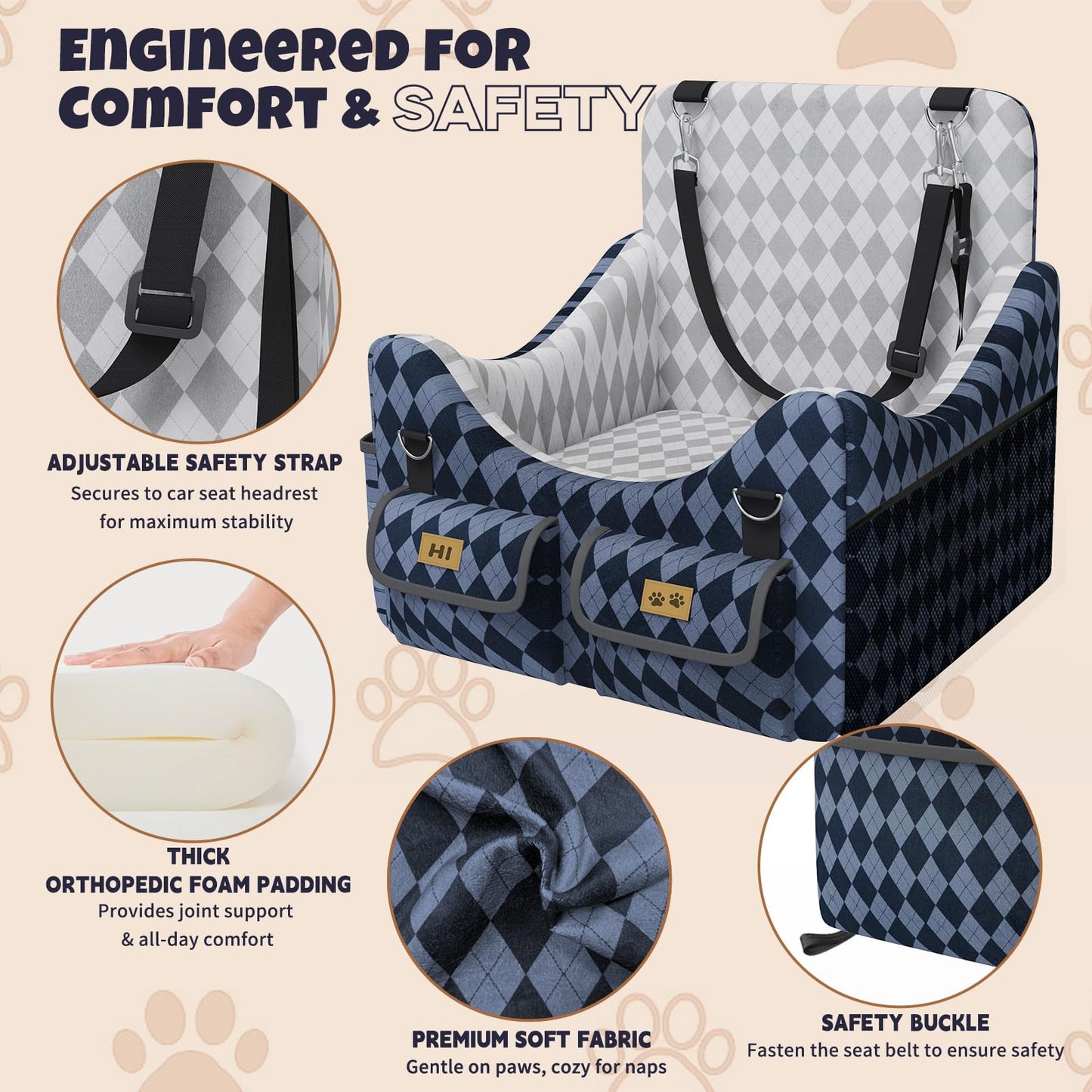 Memory Foam Dog Booster Seat - 4-Pocket Storage, Detachable Washable, Holds up to 35lbs (Blue/Grey)