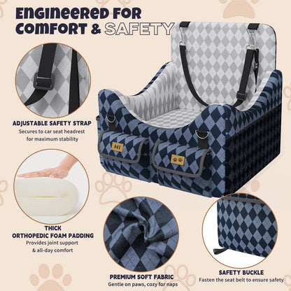 Memory Foam Dog Booster Seat - 4-Pocket Storage, Detachable Washable, Holds up to 35lbs (Blue/Grey)