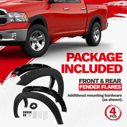 4-PCS Fender Flares for 2009-2018 Ram 1500 & 2019-2023 Classic Fleetside - Textured Black Rivet Style