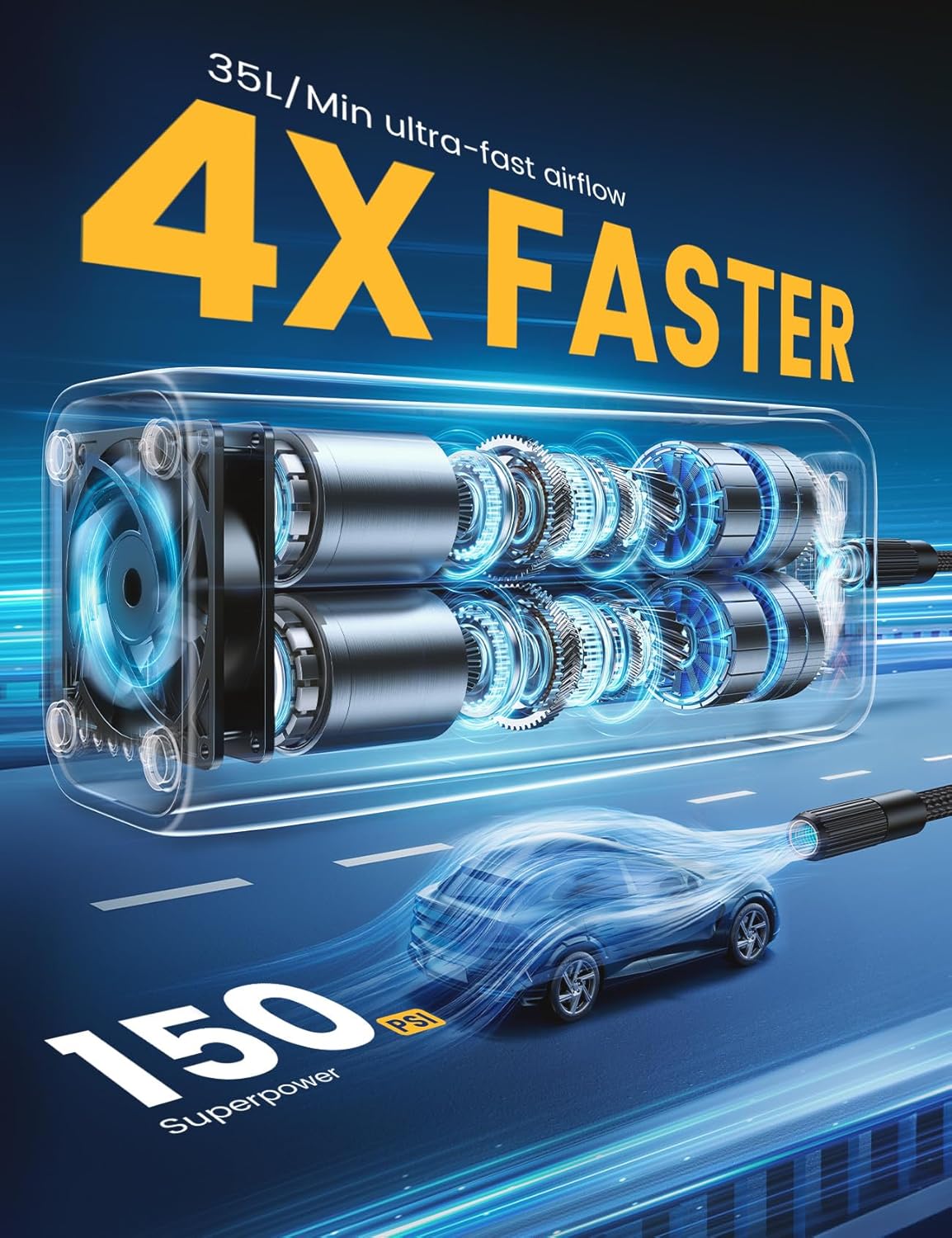 4X Faster 150PSI Cordless Tire Inflator - Rechargeable, LED Light, Auto Pump for Car/Bike/Ball