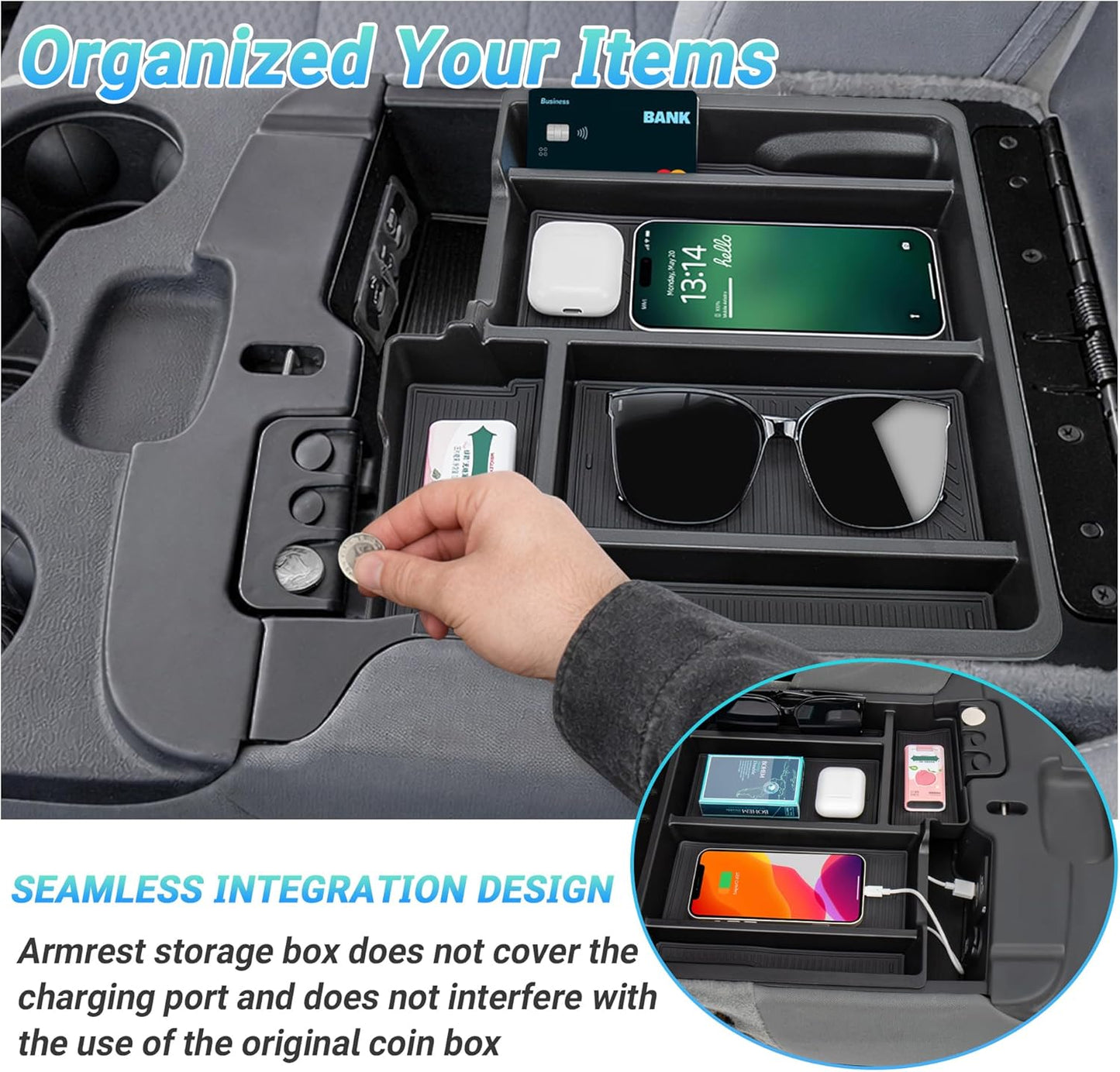 Armrest Storage Box Tray for 2013-2024 Ram 1500/Classic & 2500/3500 - Fits 3-Cup Jump Seat