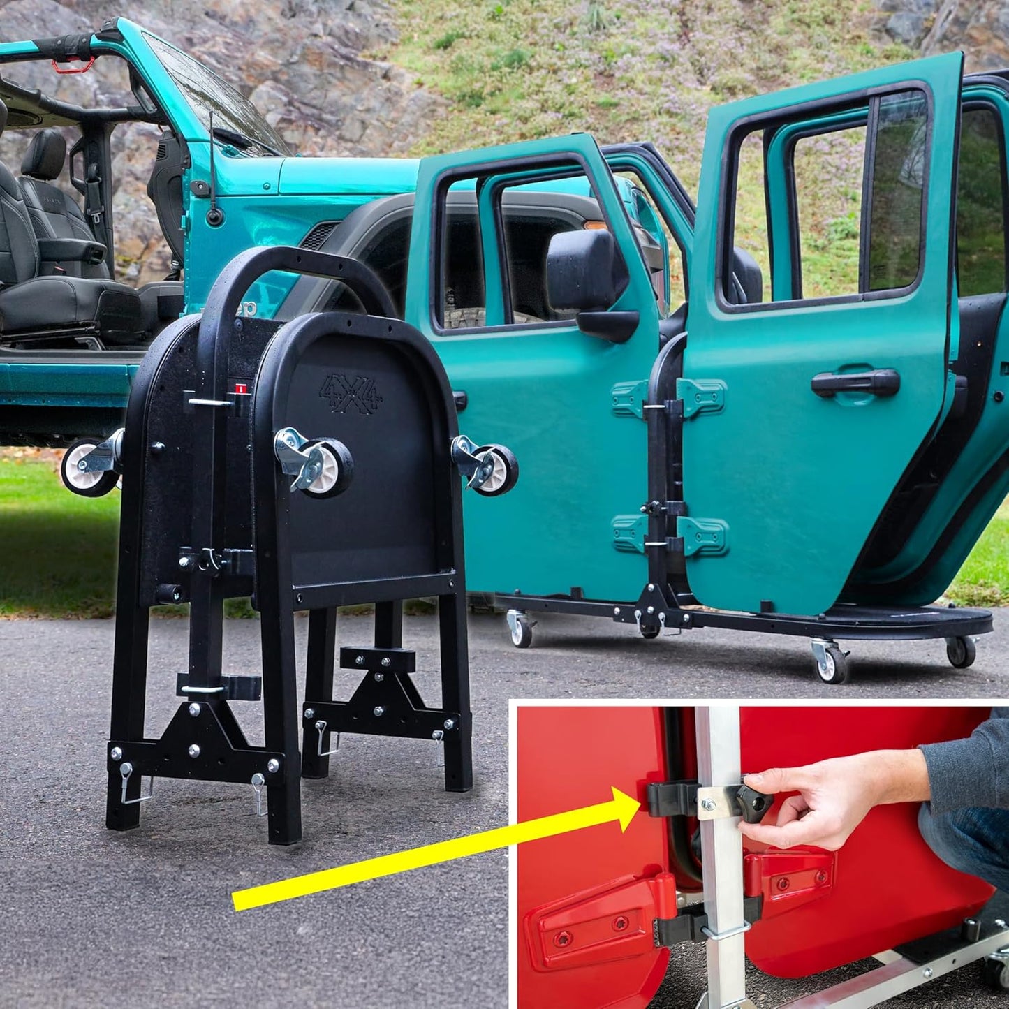 Folding Rolling Door Cart (4-Door) for Jeep Wrangler & Gladiator - Aluminum Storage Rack (Patented)