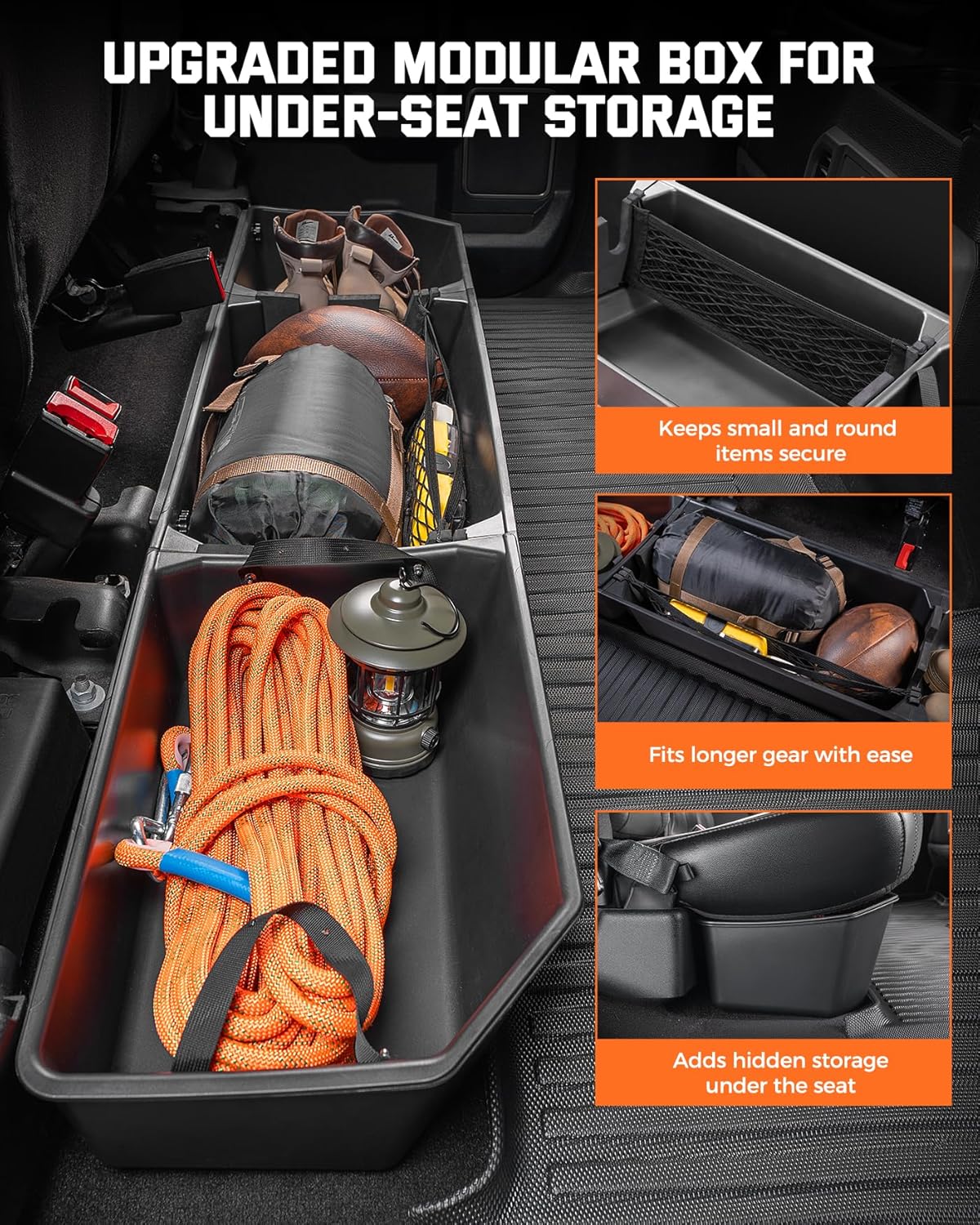 Rear Underseat Storage Box for 2015-2026 Ford F-150 SuperCrew & F-Series - w/Detachable Bin & Mesh Net