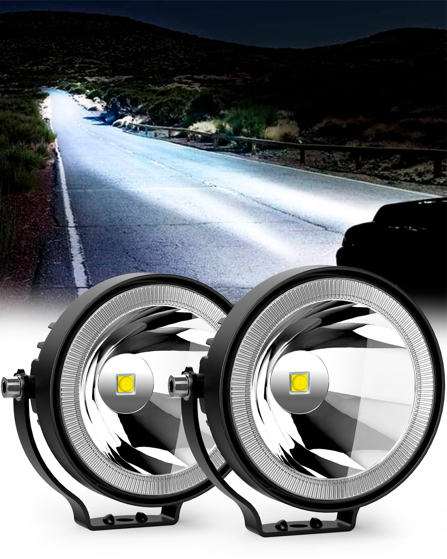 4" 60W Round LED Pod Lights (2-Pack) - 6000LM Spot/Fog for Truck/ATV/UTV/Boat (White)