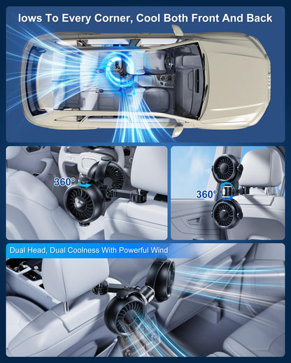 Dual-Head Car Fan: Powerful, Stepless Speed Control, Ideal for All Seats