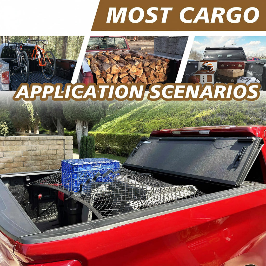 Stretchable Truck Bed Cargo Net (4'x4' to 7'x7') - Heavy Duty Carabiners for Pickup/SUV/ATV/Boat