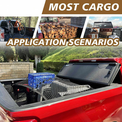 Stretchable Truck Bed Cargo Net (4'x4' to 7'x7') - Heavy Duty Carabiners for Pickup/SUV/ATV/Boat