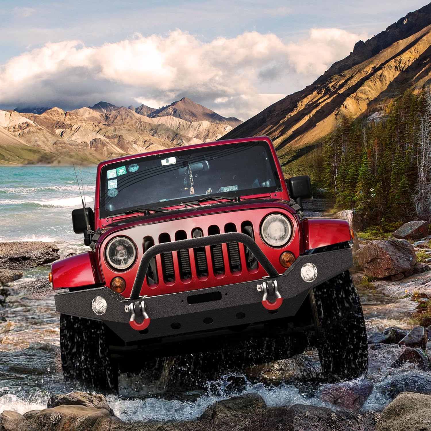 LEDKINGDOMUS Full Width Front Bumper Compatible with 07-18 Jeep Wrangler JK and JK Unlimited Rock Crawler With Fog Lights Hole, Winch Plate Black Textured