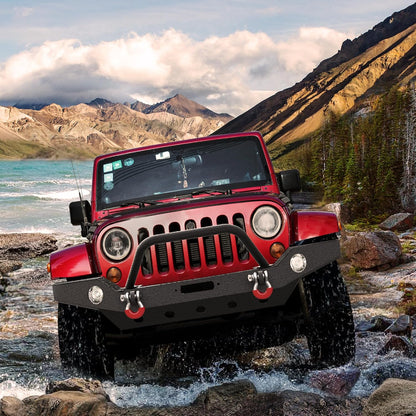 LEDKINGDOMUS Full Width Front Bumper Compatible with 07-18 Jeep Wrangler JK and JK Unlimited Rock Crawler With Fog Lights Hole, Winch Plate Black Textured