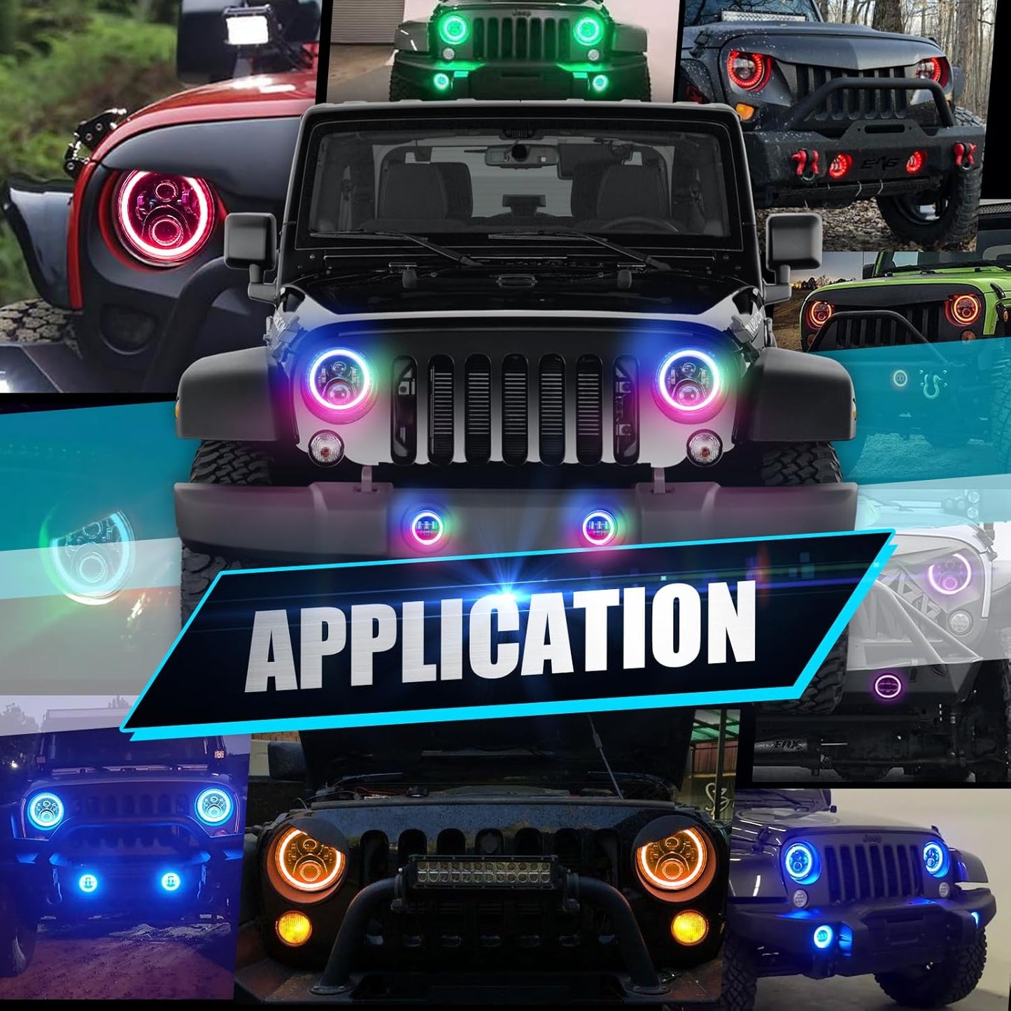 7" RGB LED Headlights & Fog Lights with Halo - DOT Approved for Jeep