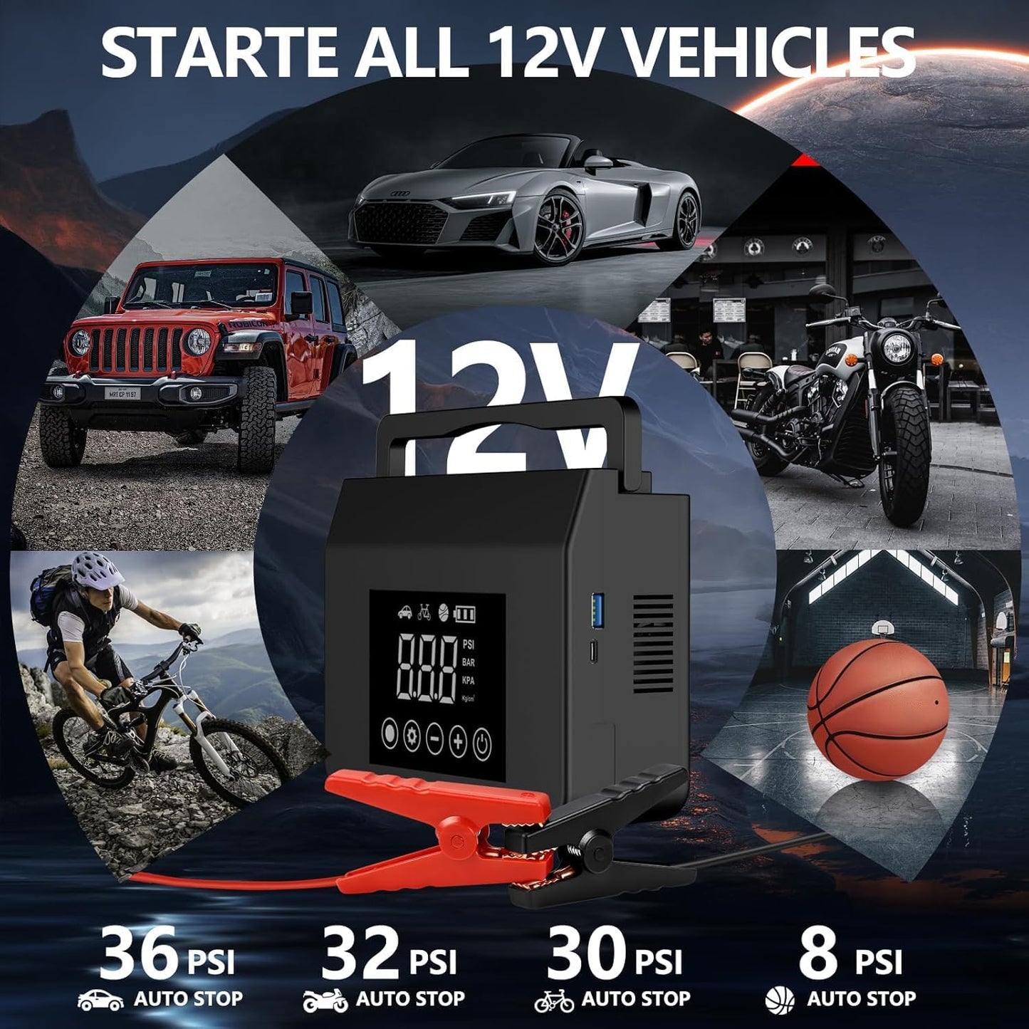 4000A Jump Starter & 150PSI Air Compressor - 15000mAh Power Bank for All Gas/8.0L Diesel, Type-C
