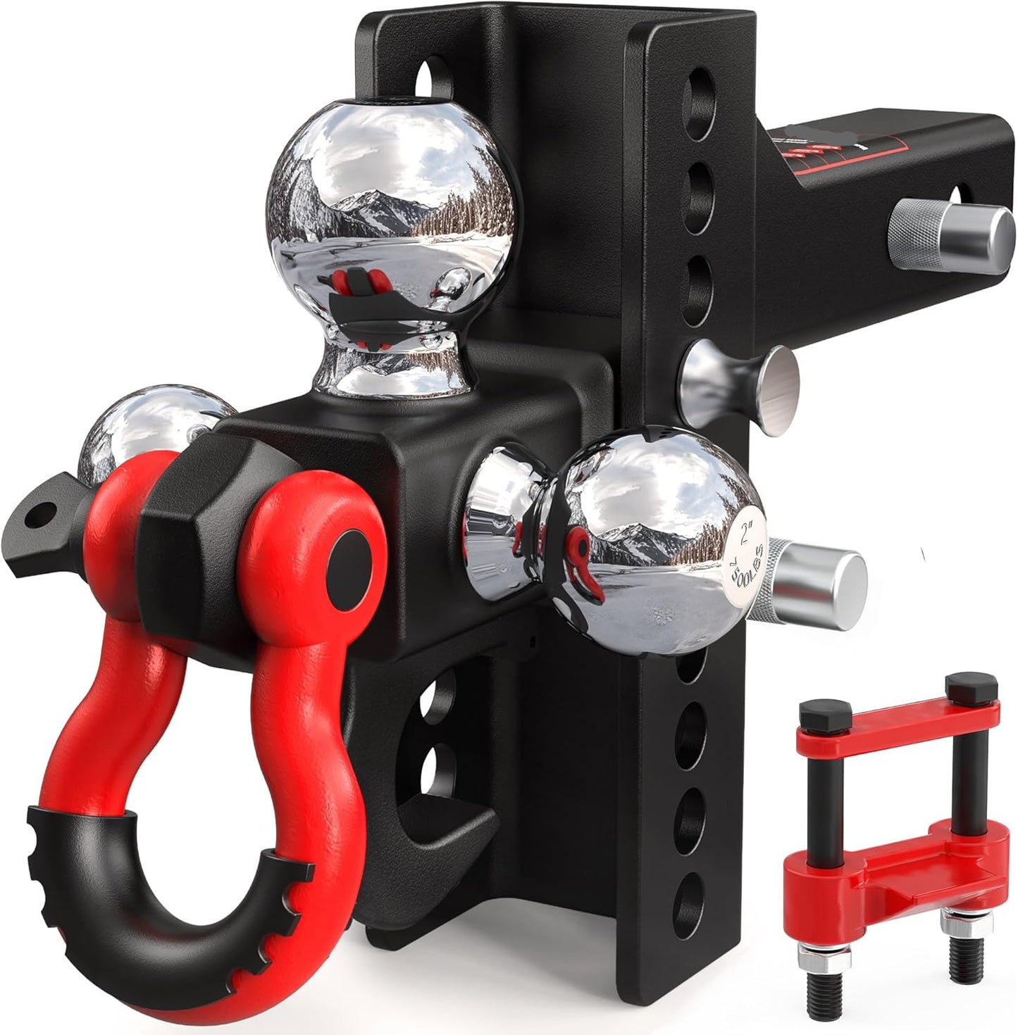 Adjustable Tri-Ball Hitch (4.5") for 2" Receiver - Triple Balls, Tow Hook, 10k GTW, Pin Lock + Tightener