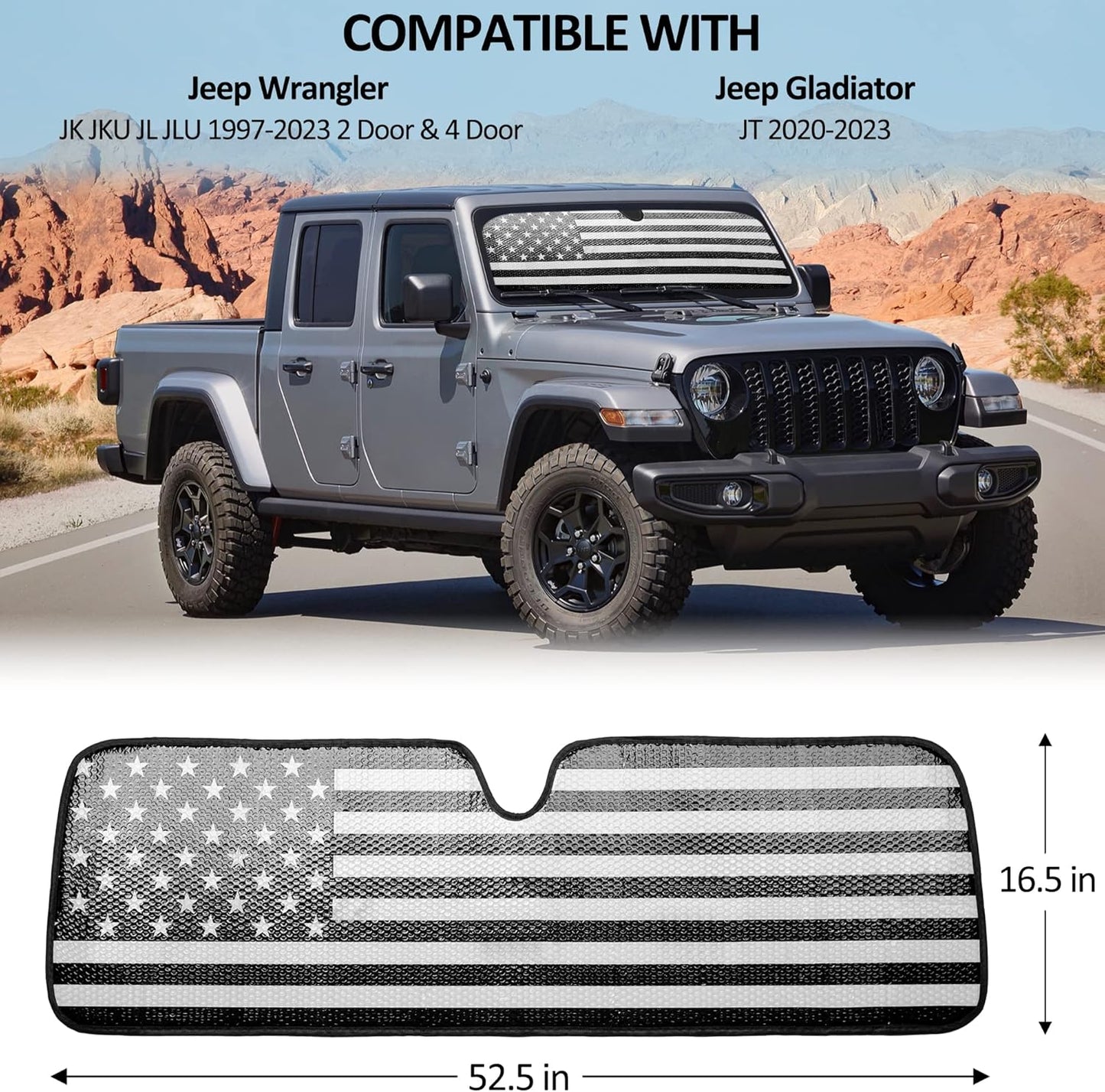 American Flag Windshield Sun Shade for Jeep Wrangler & Gladiator (Universal Foldable Fit)