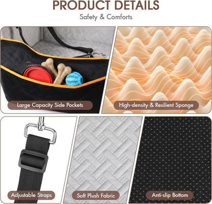 5.3" Memory Foam Dog Booster Seat - 35 lb Capacity, Dual Safety Leashes, Removable Cover (Black)
