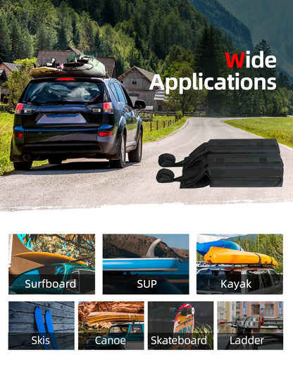 Soft Roof Rack Pads Kit (30") for Surfboard/Kayak - 2 Straps/Ropes/Hood Loops, Storage Bag Included
