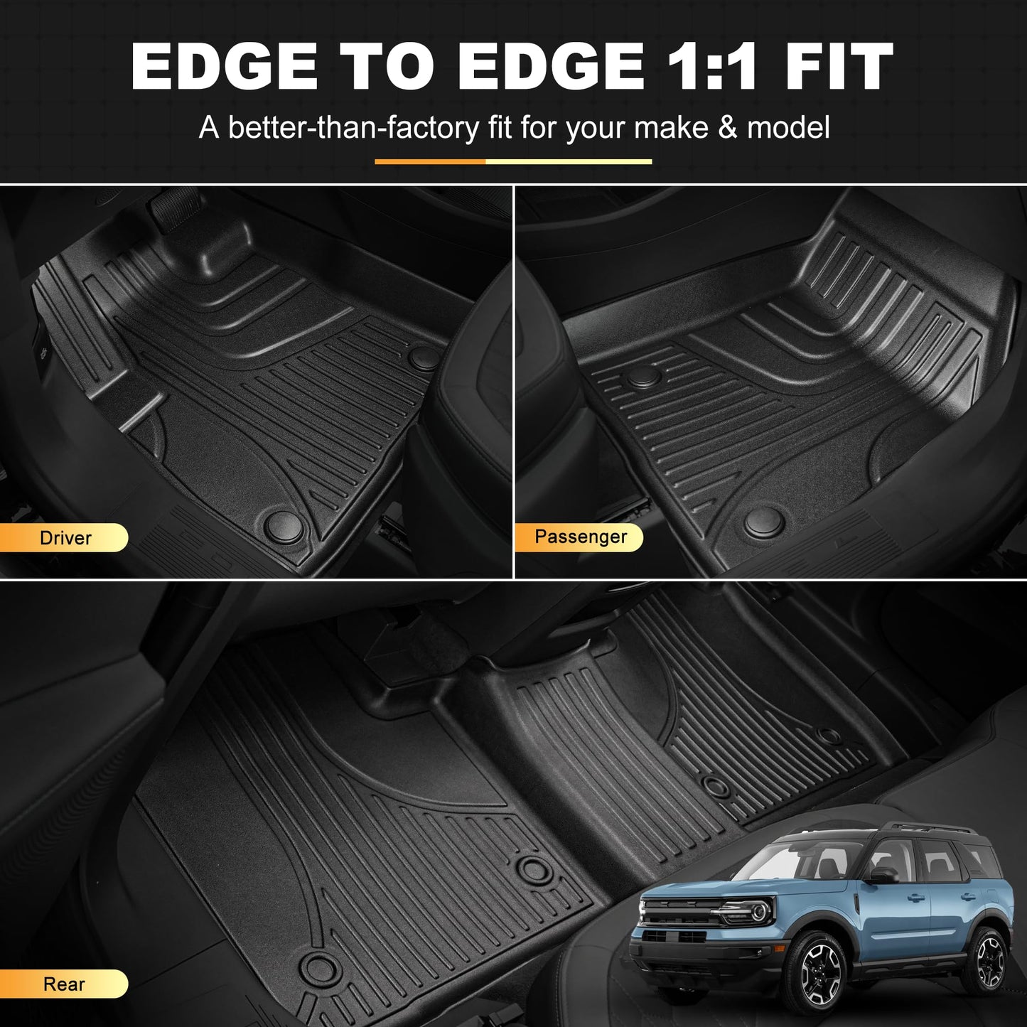 Floor Mats for 2021-2026 Ford Bronco Sport - 1st & 2nd Row, All-Weather Protection
