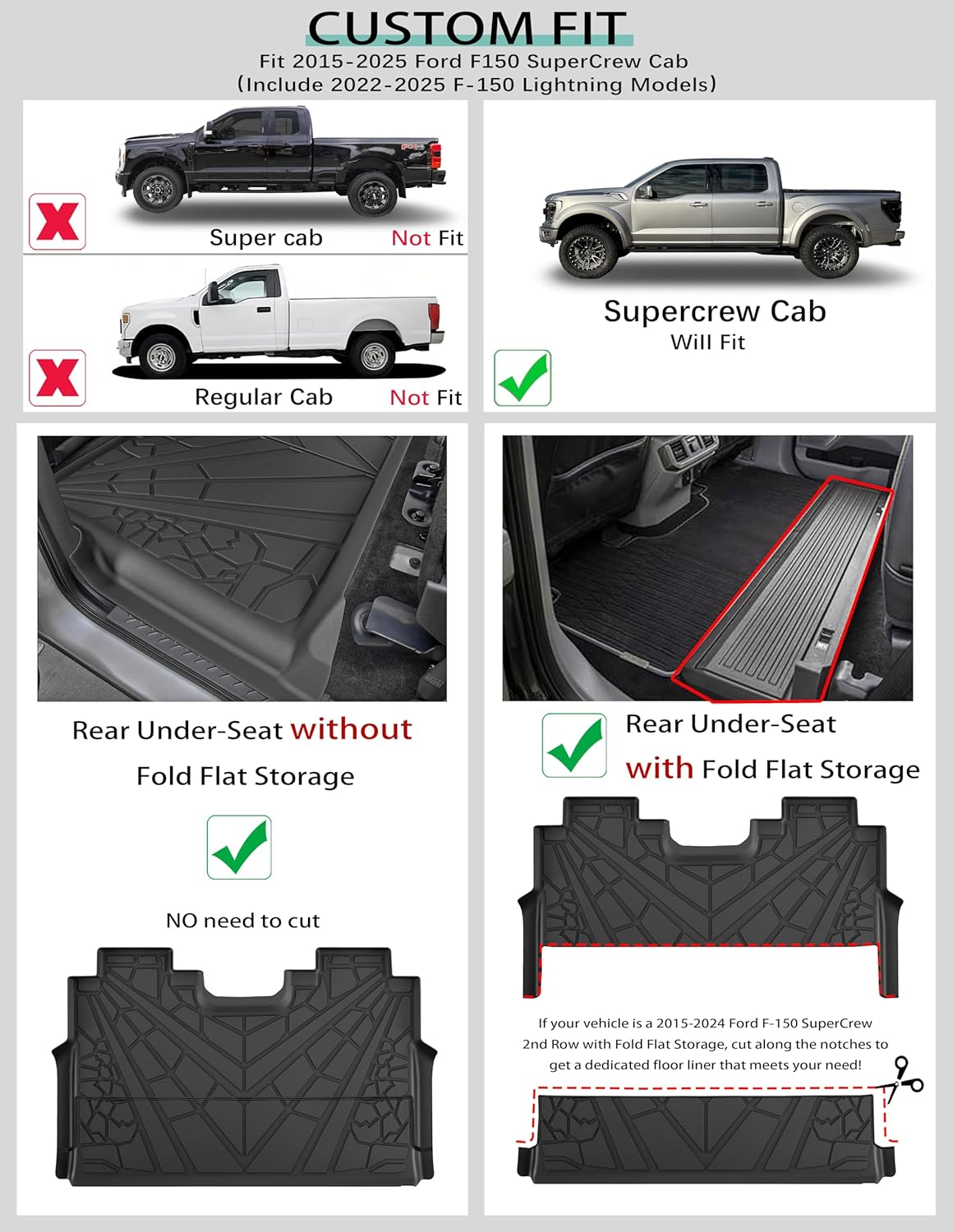 KARPAL Floor Mats Fit 2015-2024 2025 Ford F-150 SuperCrew (Includes 22-25 Lightning) Custom Fit TPE All Weather F150 Accessories 1st Floor Mats & 2-in-1 Rear Floor Mat