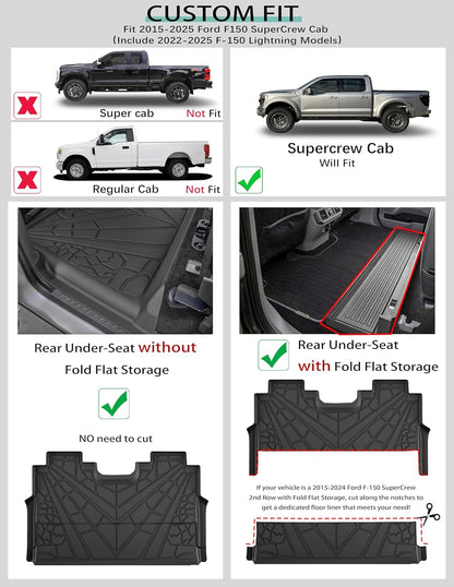 KARPAL Floor Mats Fit 2015-2024 2025 Ford F-150 SuperCrew (Includes 22-25 Lightning) Custom Fit TPE All Weather F150 Accessories 1st Floor Mats & 2-in-1 Rear Floor Mat