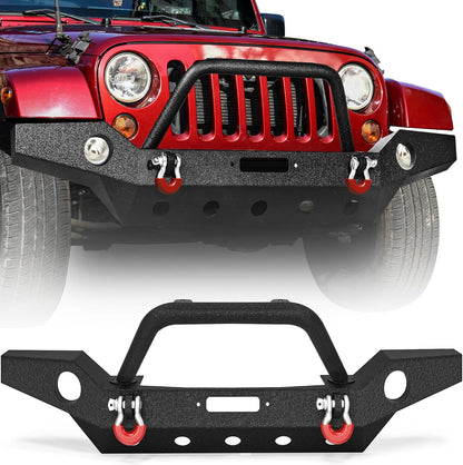 LEDKINGDOMUS Full Width Front Bumper Compatible with 07-18 Jeep Wrangler JK and JK Unlimited Rock Crawler With Fog Lights Hole, Winch Plate Black Textured