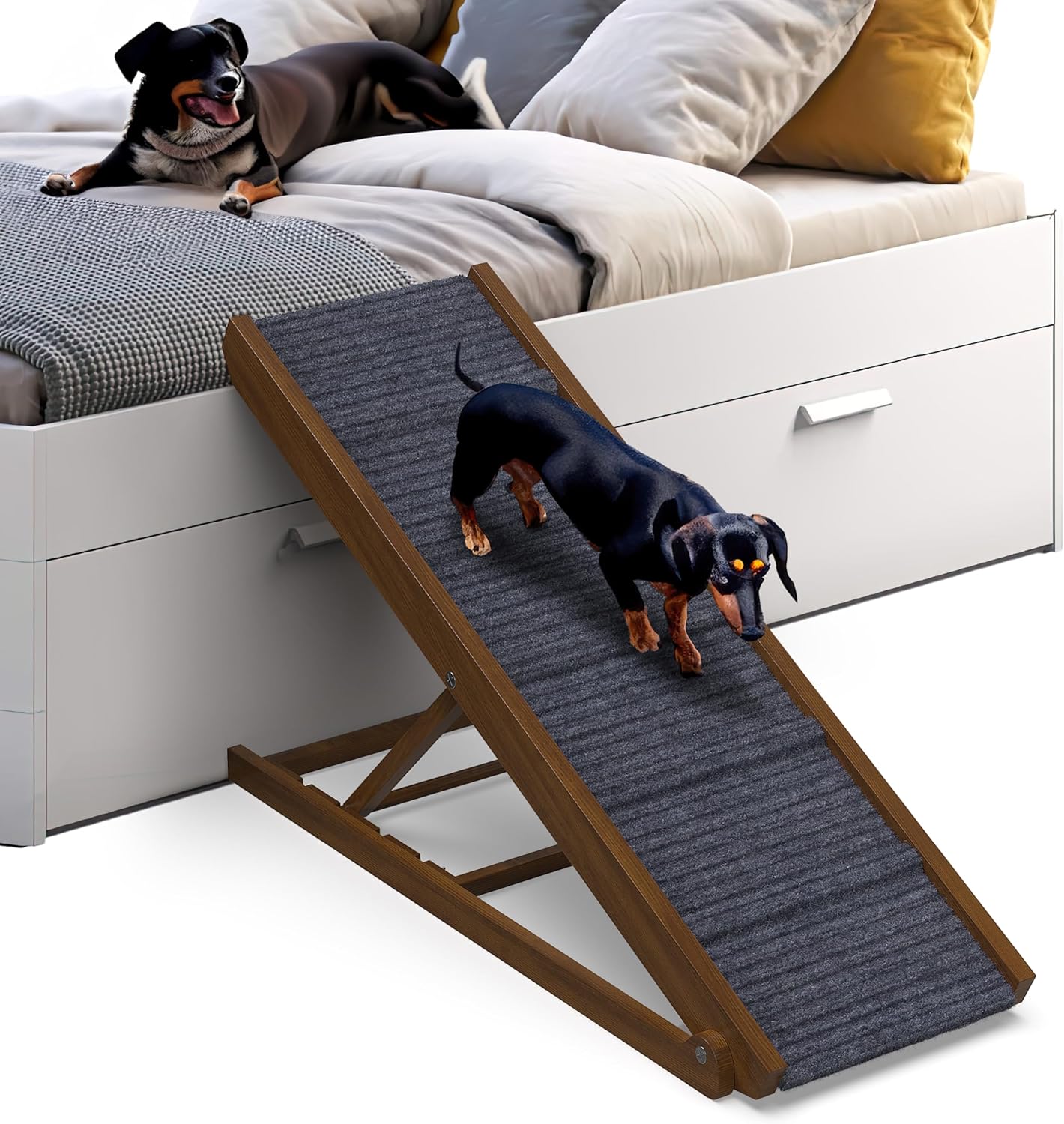 Adjustable Wooden Dog Ramp for Couch, Car Sofa (Walnut - Grey Carpet, Medium) - OHMU