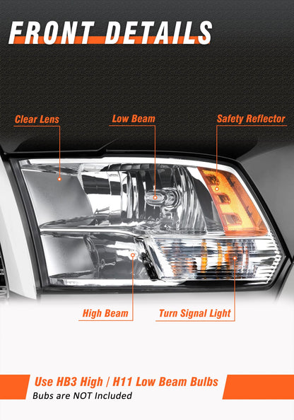 Chrome Headlight Assembly for 2009-2018 Ram 1500 & 2010-2018 Ram 2500/3500 - Amber Reflector, Left+Right