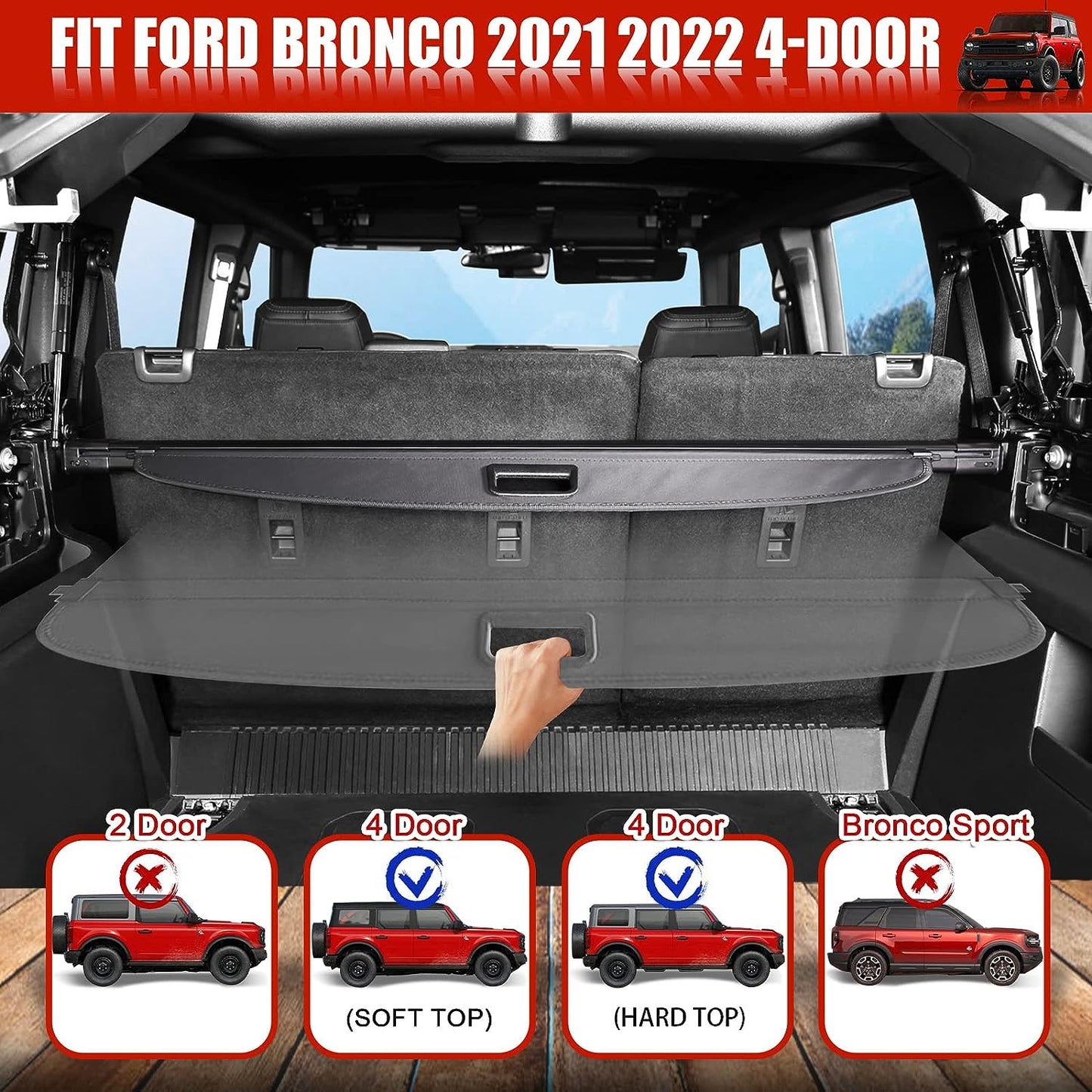 Trunk Cargo Cover for Ford Bronco Accessories 2021 2022 2023 2024 4-Door
