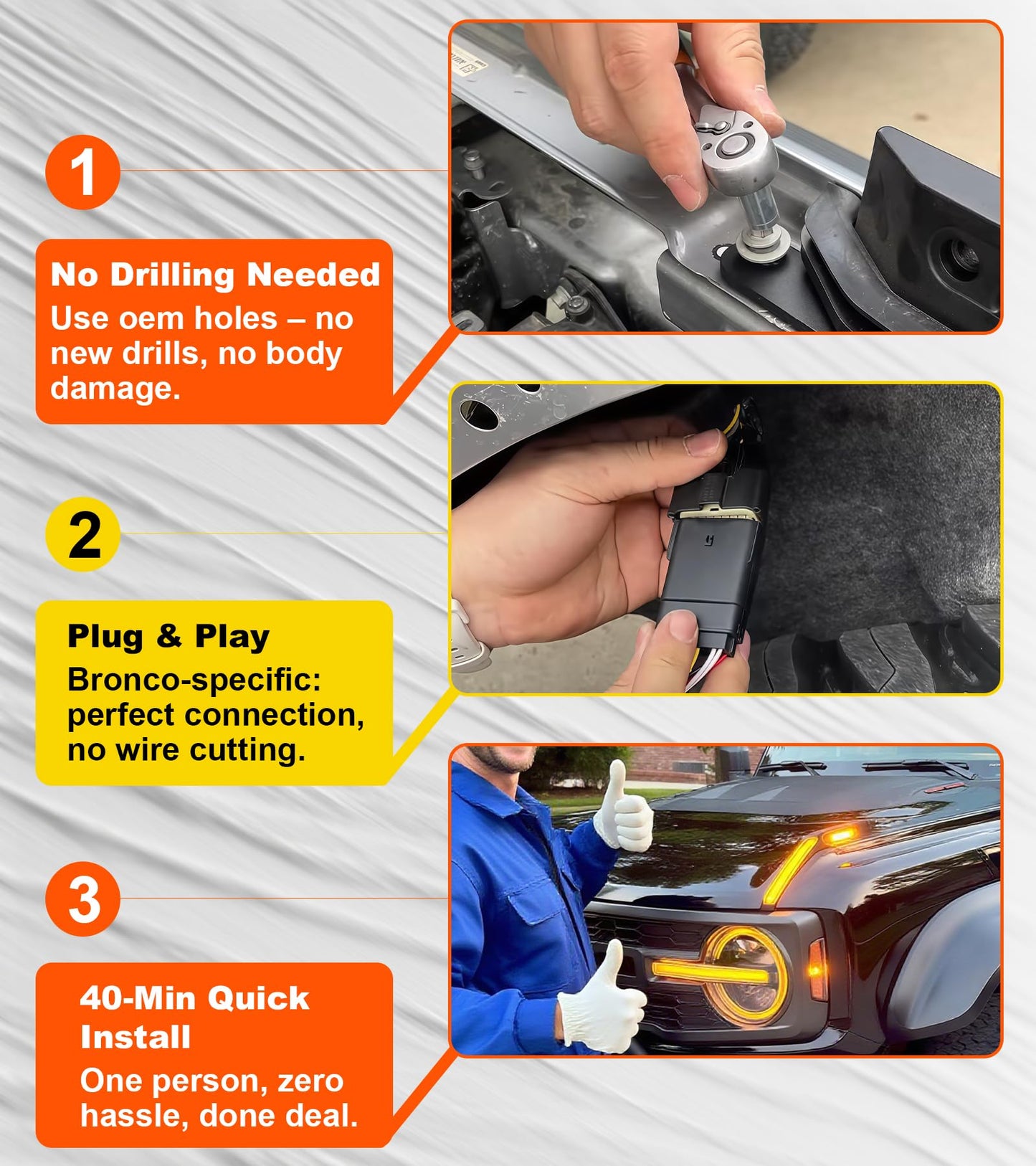 Bronco Hood Handle Trail Lights: Amber DRL, Side Markers, IP68 Waterproof