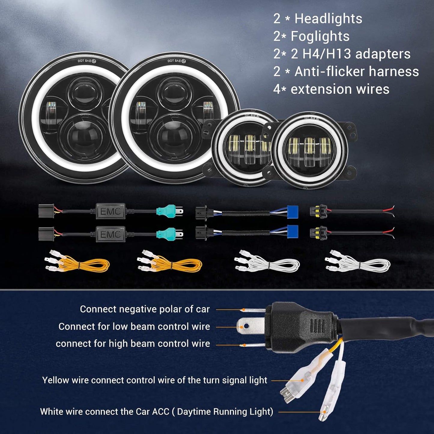 7" LED Headlight & 4" Fog Light Kit for Jeep Wrangler/Hummer (1997-2018)