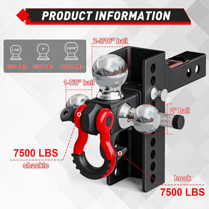 Adjustable Tri-Ball Hitch (4.5") for 2" Receiver - Triple Balls, Tow Hook, 10k GTW, Pin Lock + Tightener