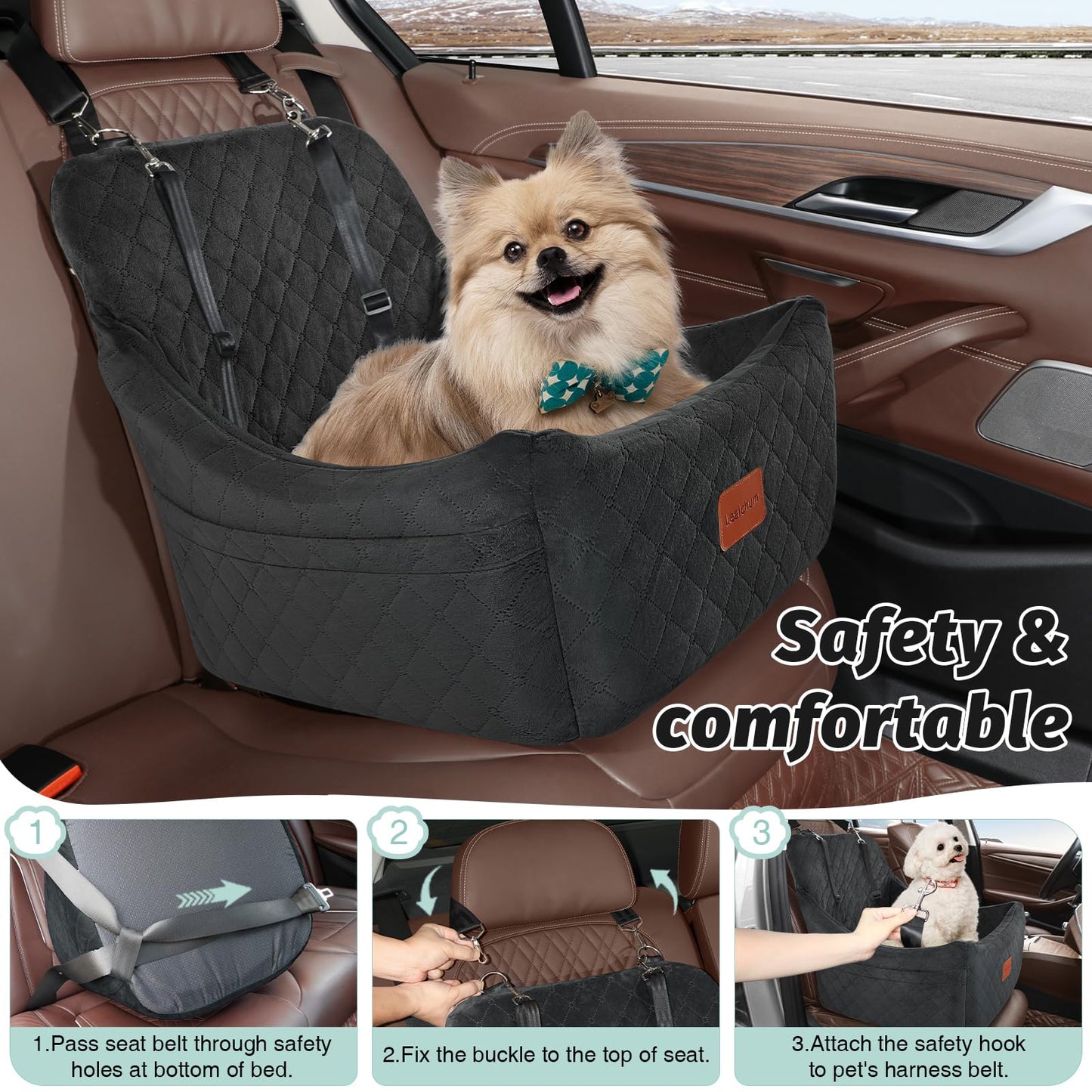 Dog Booster Car Seat for Medium Dogs Up to 40lbs Pets with 2 Clip-On Leashes
