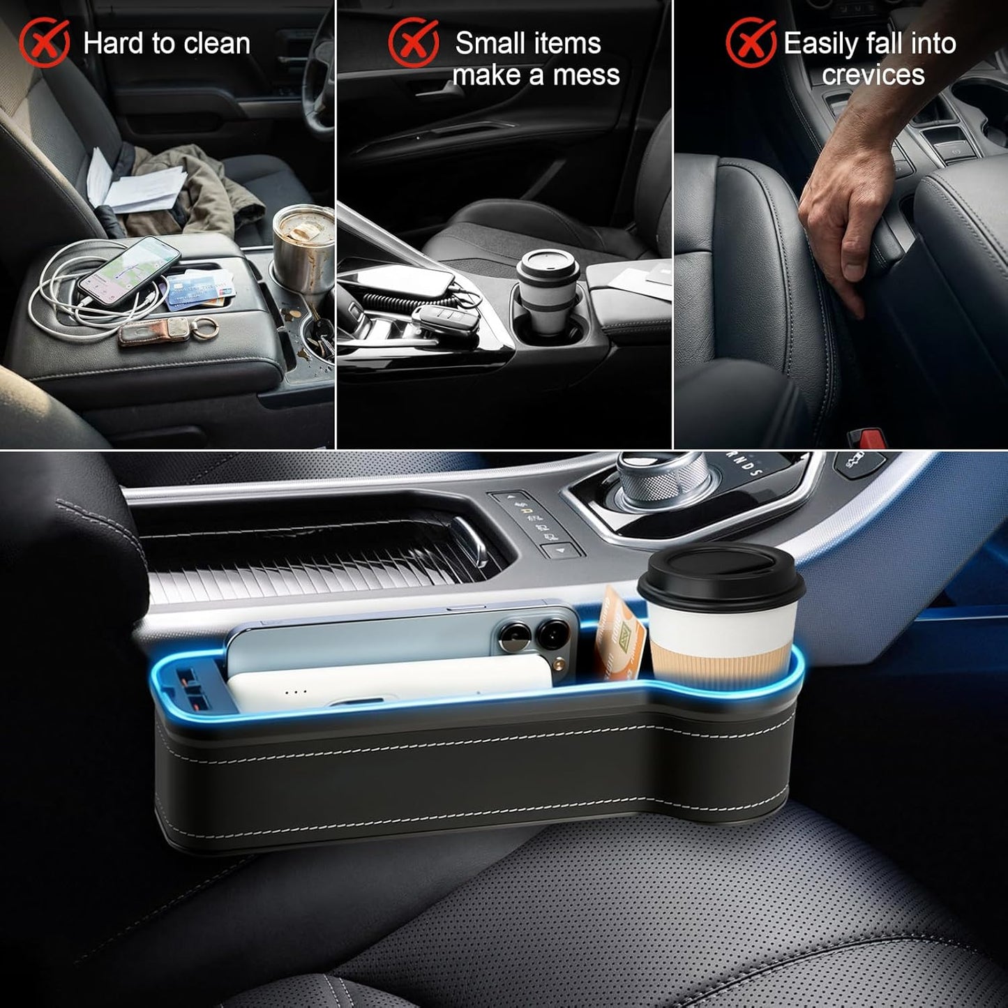 2-Pack LED Seat Gap Organizer with Cup Holder/Card Slots - Reduces Item Loss