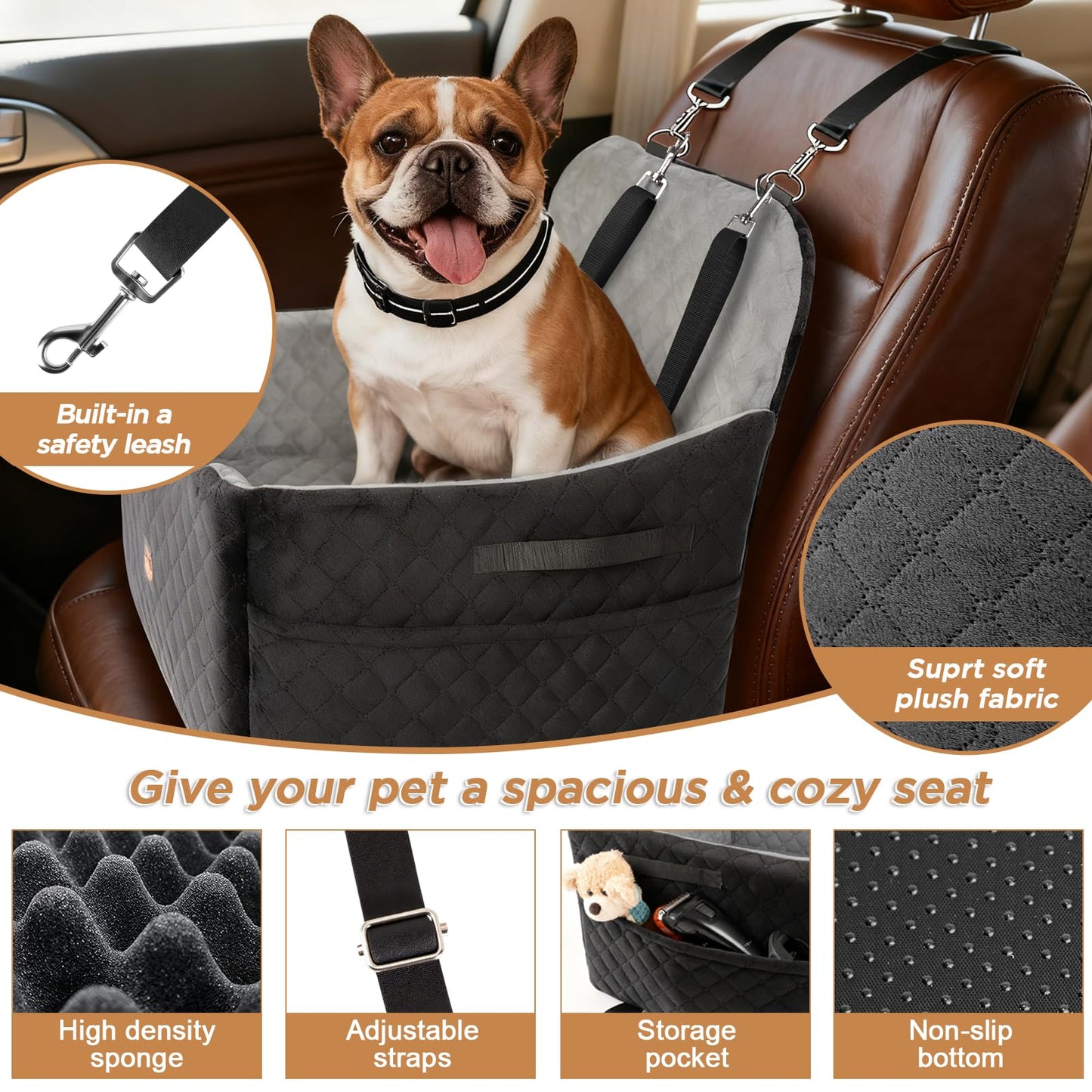 Small/Medium Dog Car Seat w/Side Opening - Thick Cushion, Detachable Washable, 35 lb Capacity (Grey)