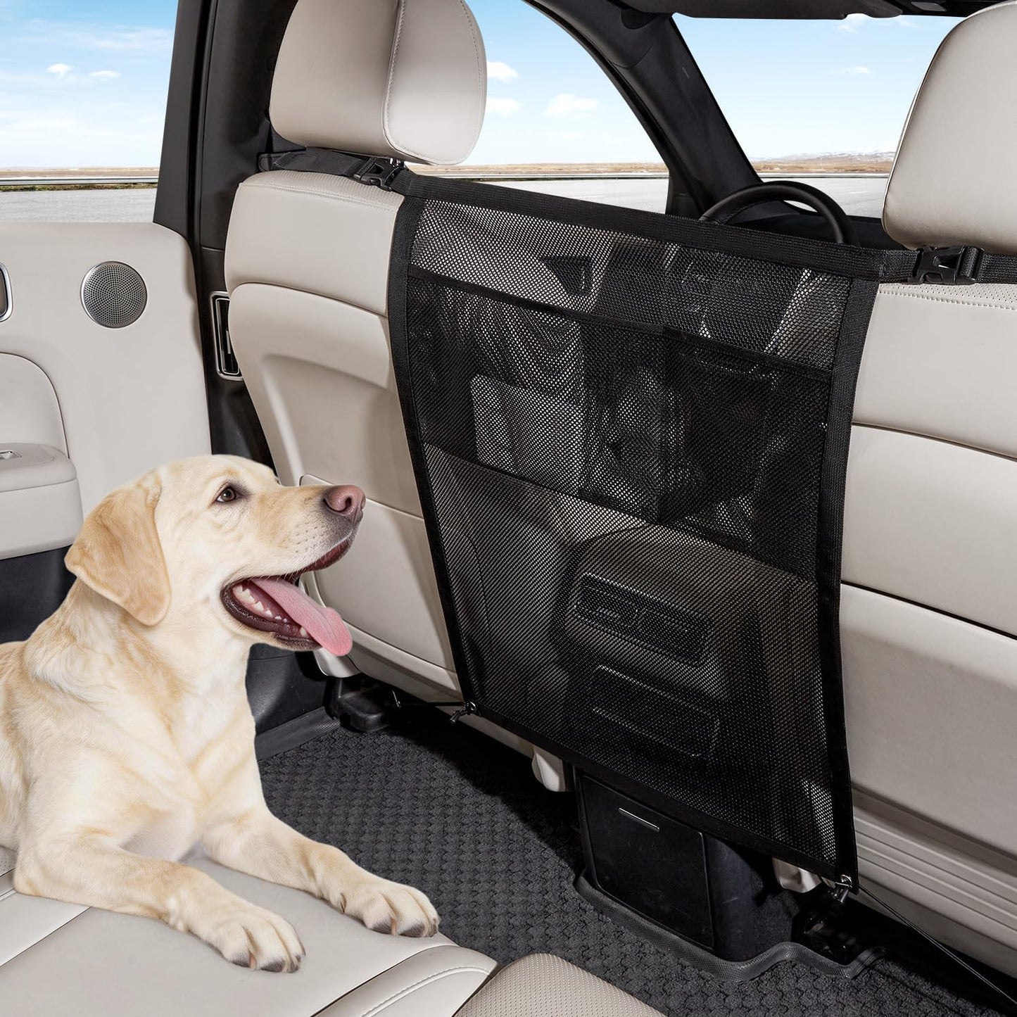Dog Car Barrier with Mesh Organizer - Pet Divider for Car/SUV/Truck