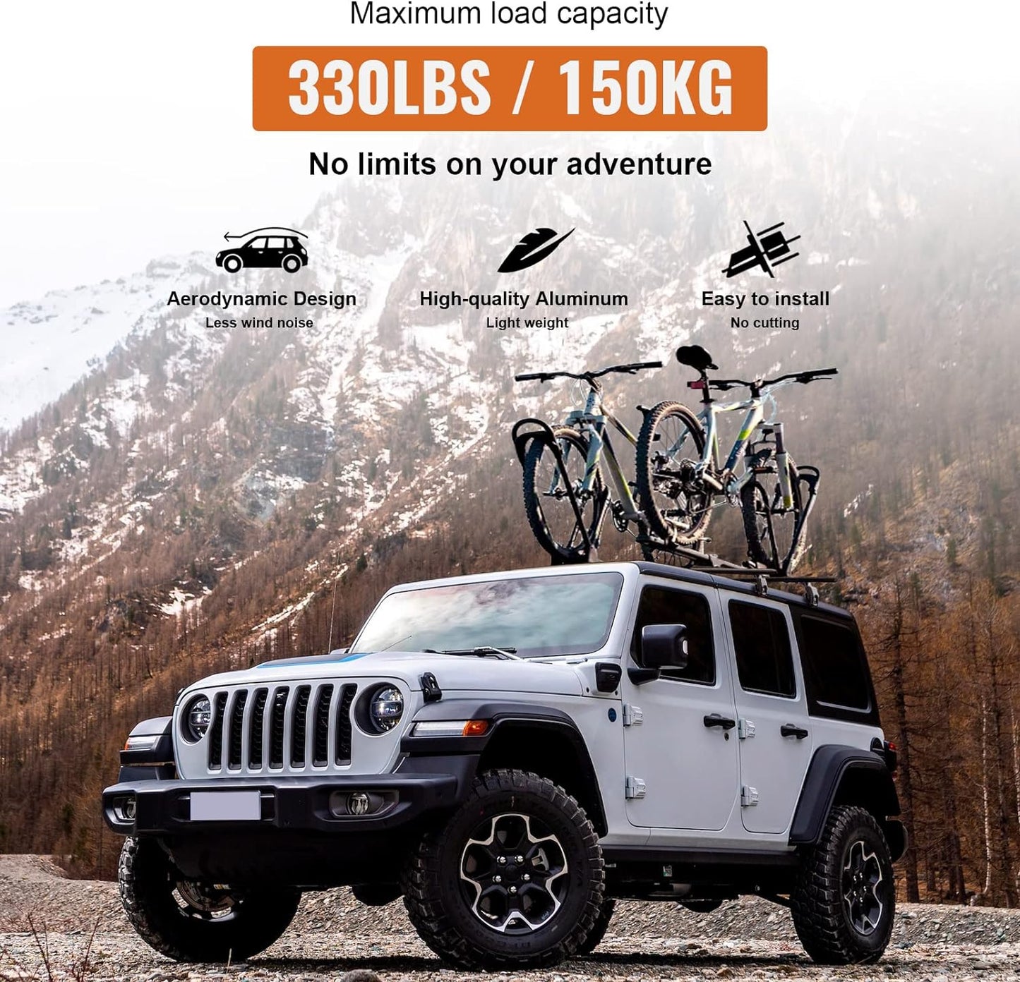 330 lb Roof Rack Cross Bars for 2007-2026 Jeep Wrangler & Gladiator - Aluminum (2/4-Door)
