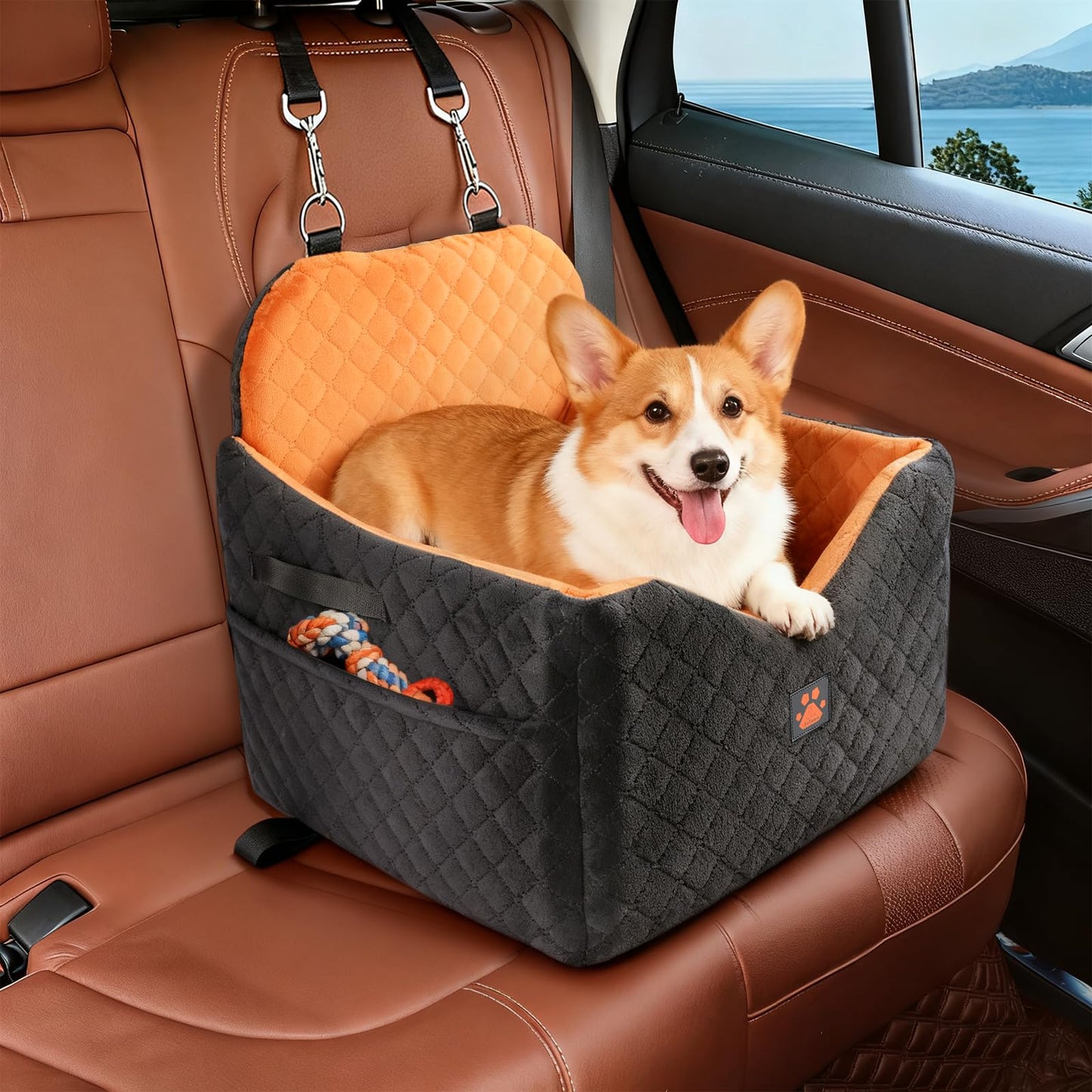 Small/Medium Dog Car Seat w/Side Opening - Thick Cushion, Detachable Washable, 35 lb Capacity (Grey)