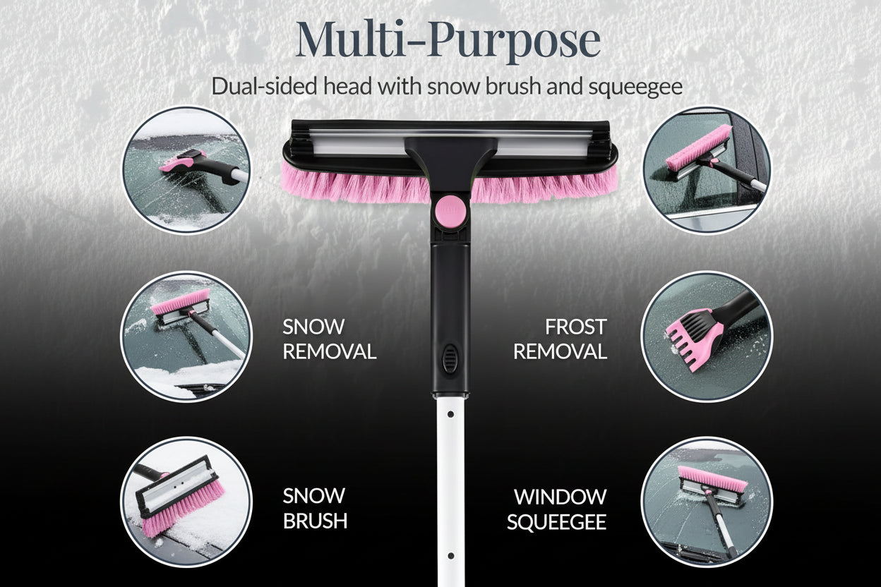 39" Extendable Snow Brush with Squeegee & Ice Scraper - 270° Pivot, Pink