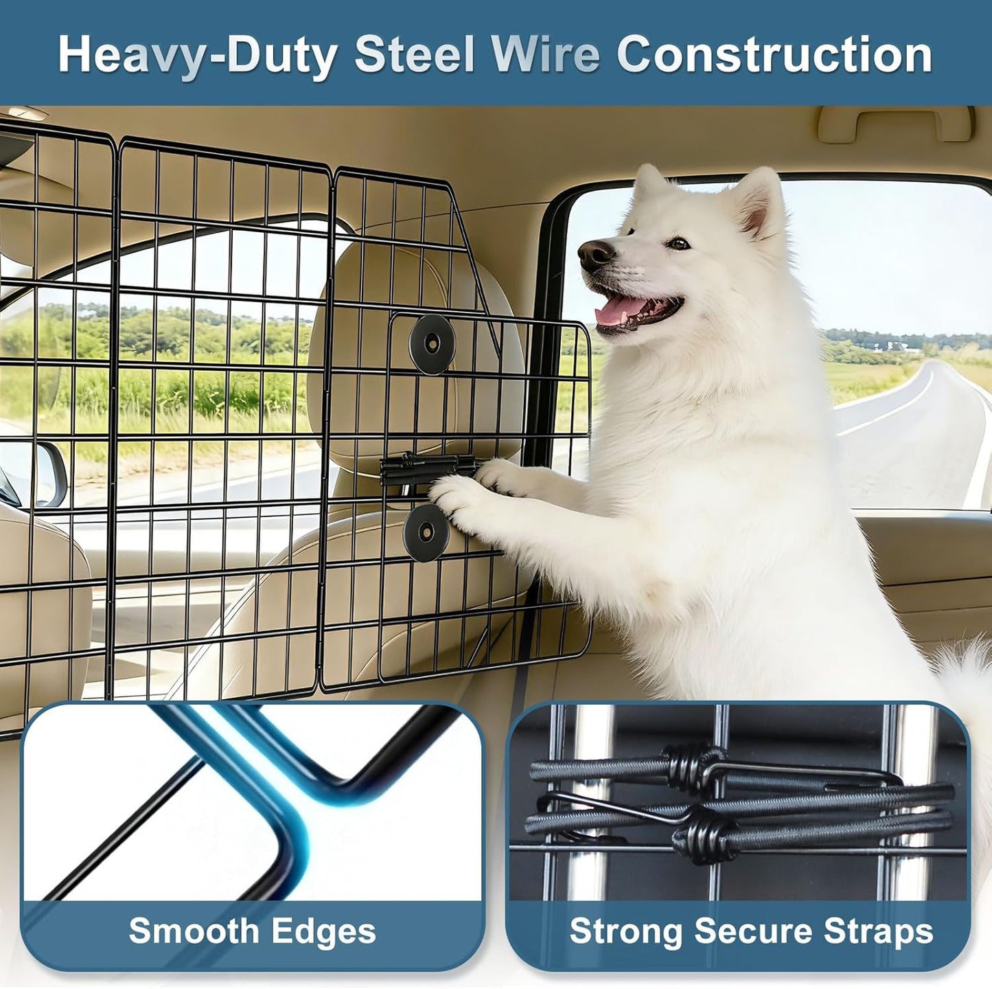 Triple-Folding Adjustable Dog Barrier - 36.6"-60.6", Heavy-Duty Wire Mesh for SUV/Van/Truck