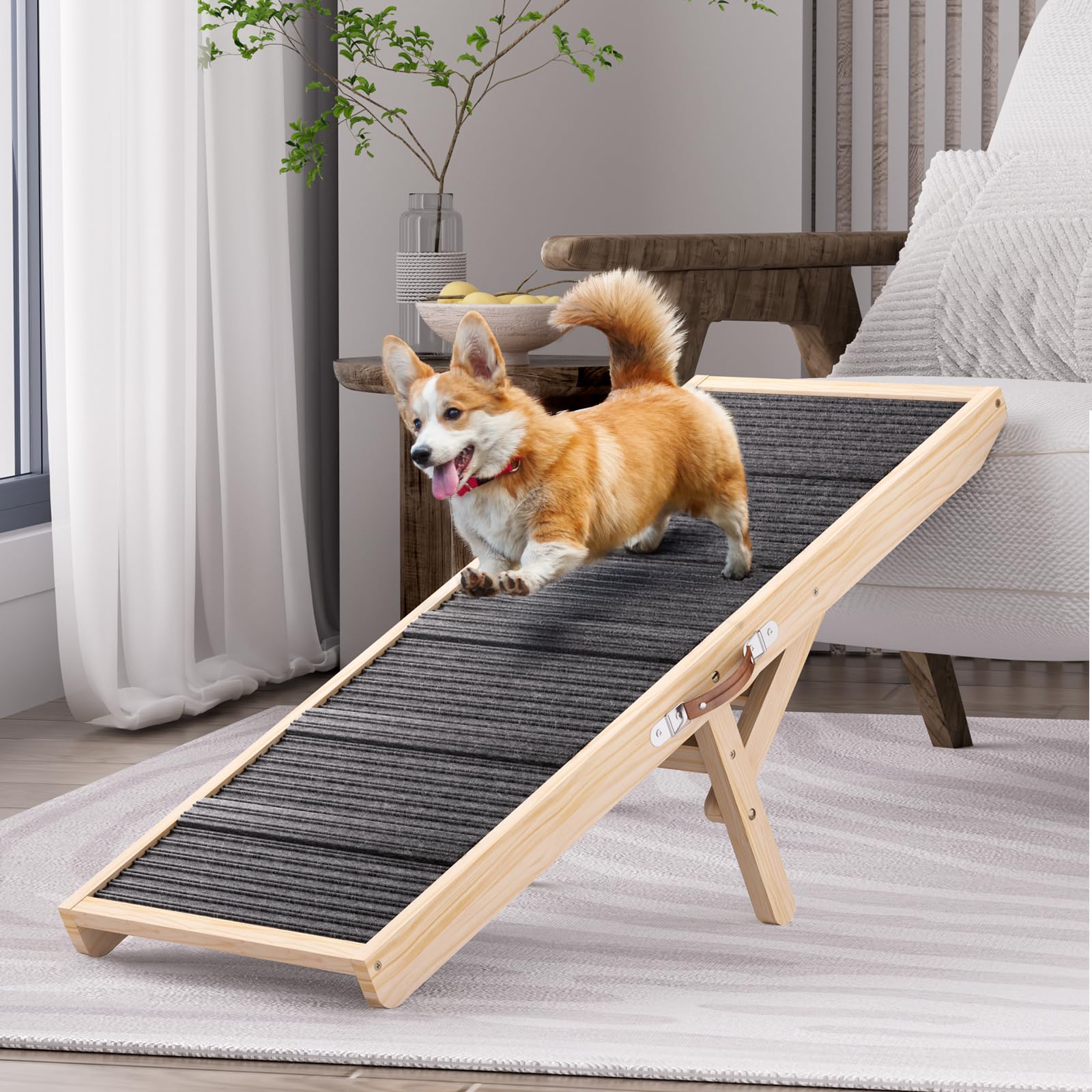 Tresbro Dog Ramp for Bed, 47.24'' Long Pet Ramp with Adjustable 14.56'' to 24'' Height, Portable Dog Ramp Hold up to 200LBS with Anti-Slip Mat & Carrying Handle for Small & Medium Dogs to Get on Couch