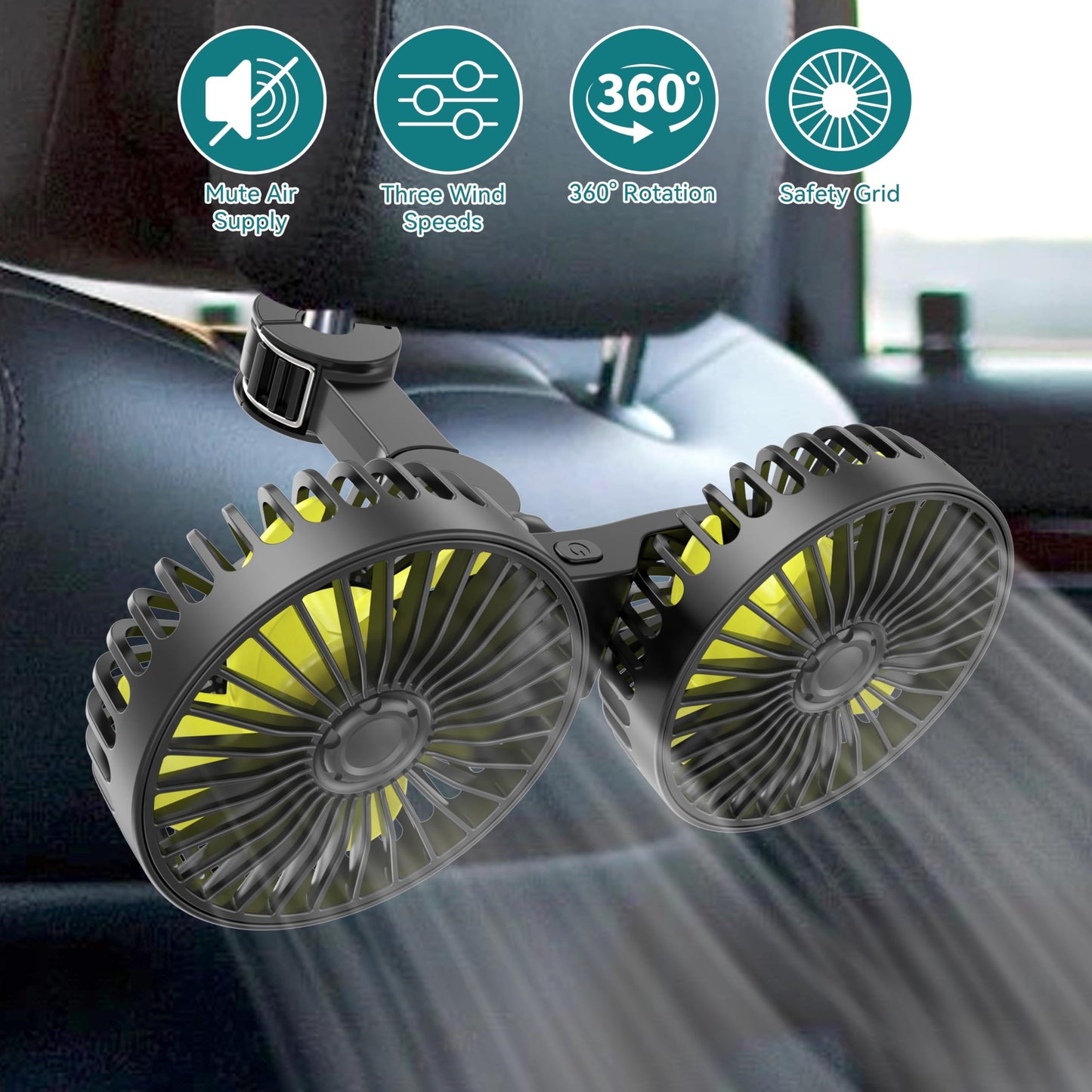 Dual Head USB Car Fan for Backseat, 3 Speeds, Adjustable Clip