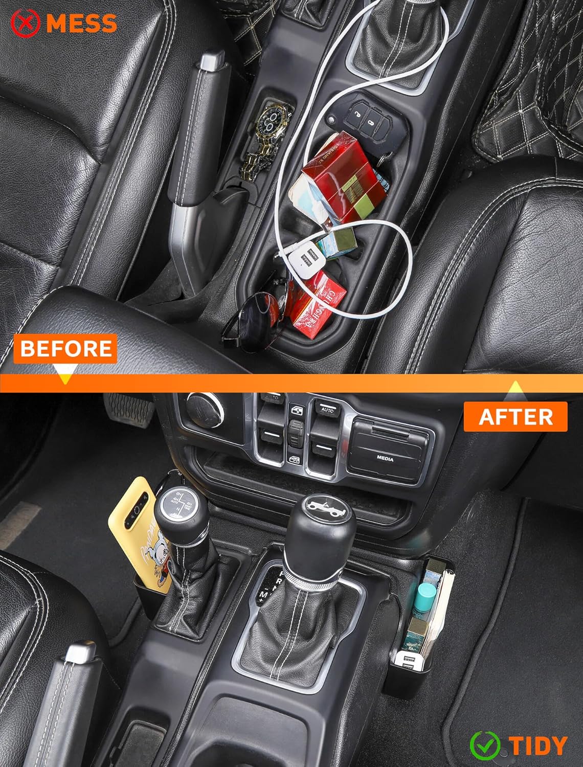 Savadicar GT-2 Shifter Storage Box, Gear Shift Side Tray, Center Console Organizer Compatible with 2018-2025 Jeep Wrangler JL JLU 4XE & Gladiator JT, Interior Storage Accessories, Black, 1 PC