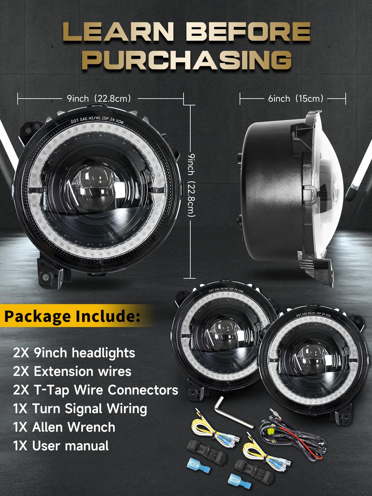 9" Round LED Headlights with DRL Halo for Jeep Wrangler JL/JT