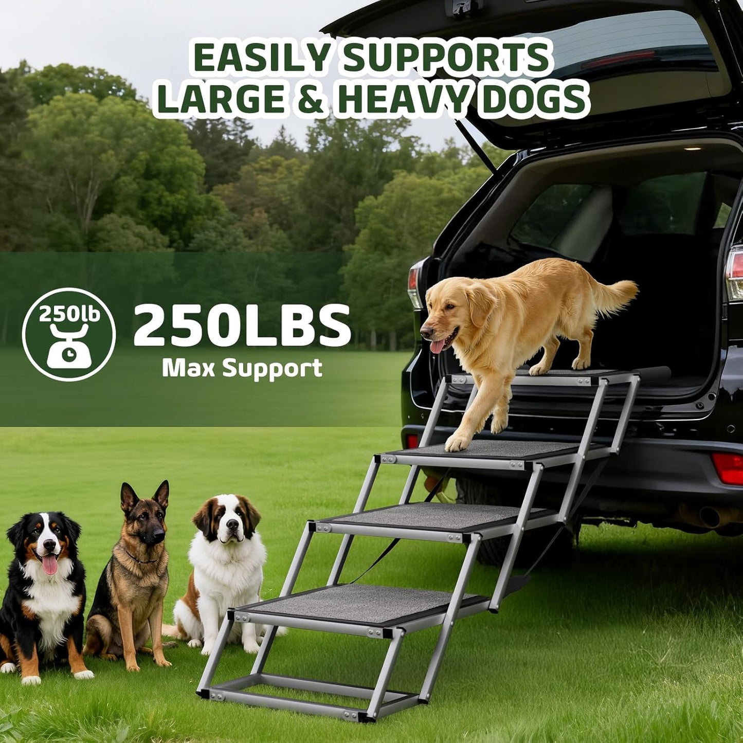 4-Step Aluminum Dog Stairs - 20" Extra Wide, 250 lb Capacity, Non-Slip for Car/SUV/Truck/Bed