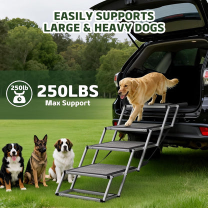 4-Step Aluminum Dog Stairs - 20" Extra Wide, 250 lb Capacity, Non-Slip for Car/SUV/Truck/Bed