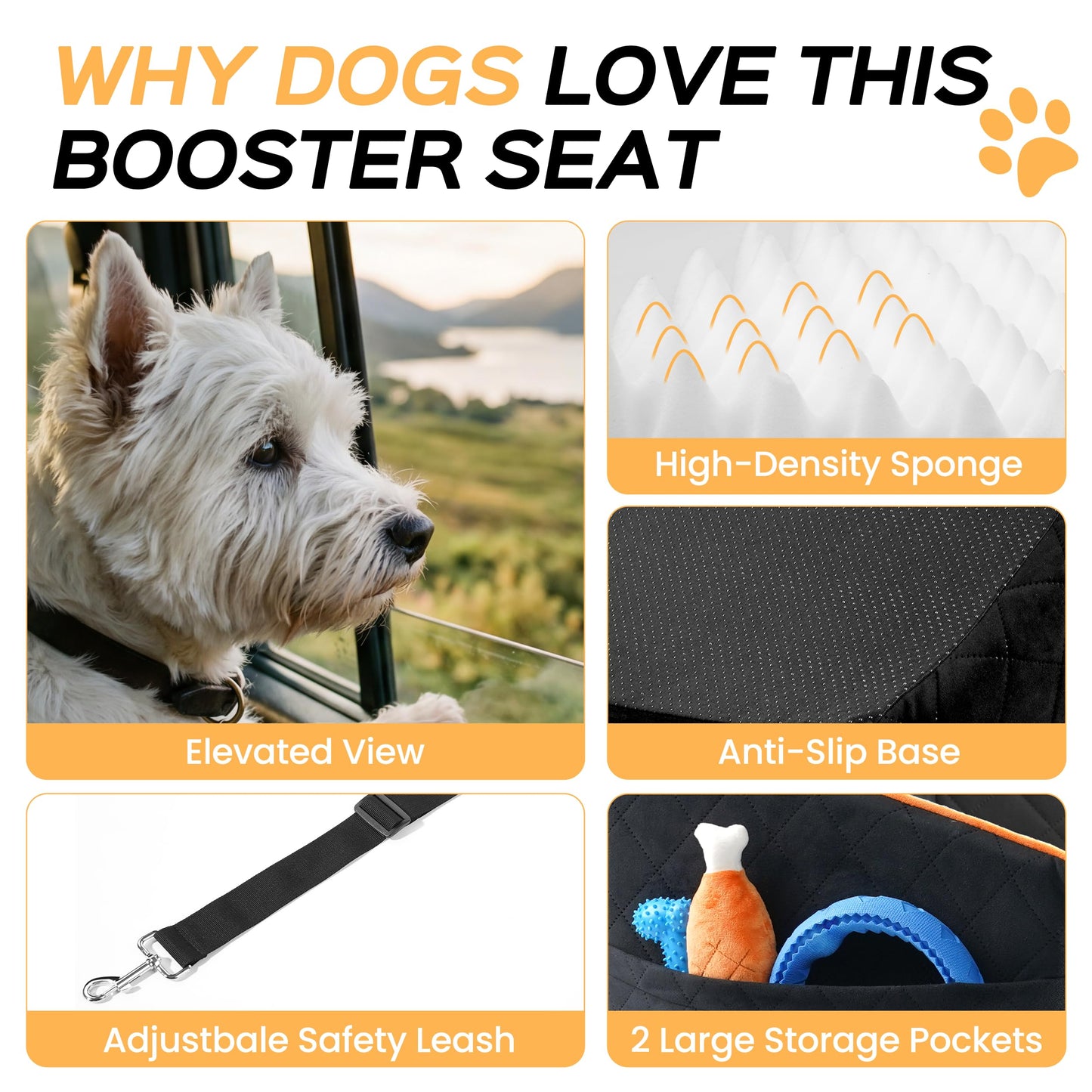 6" Elevated Memory Foam Booster Seat - 35 lb Capacity, Washable w/Safety Leash & Storage Pockets