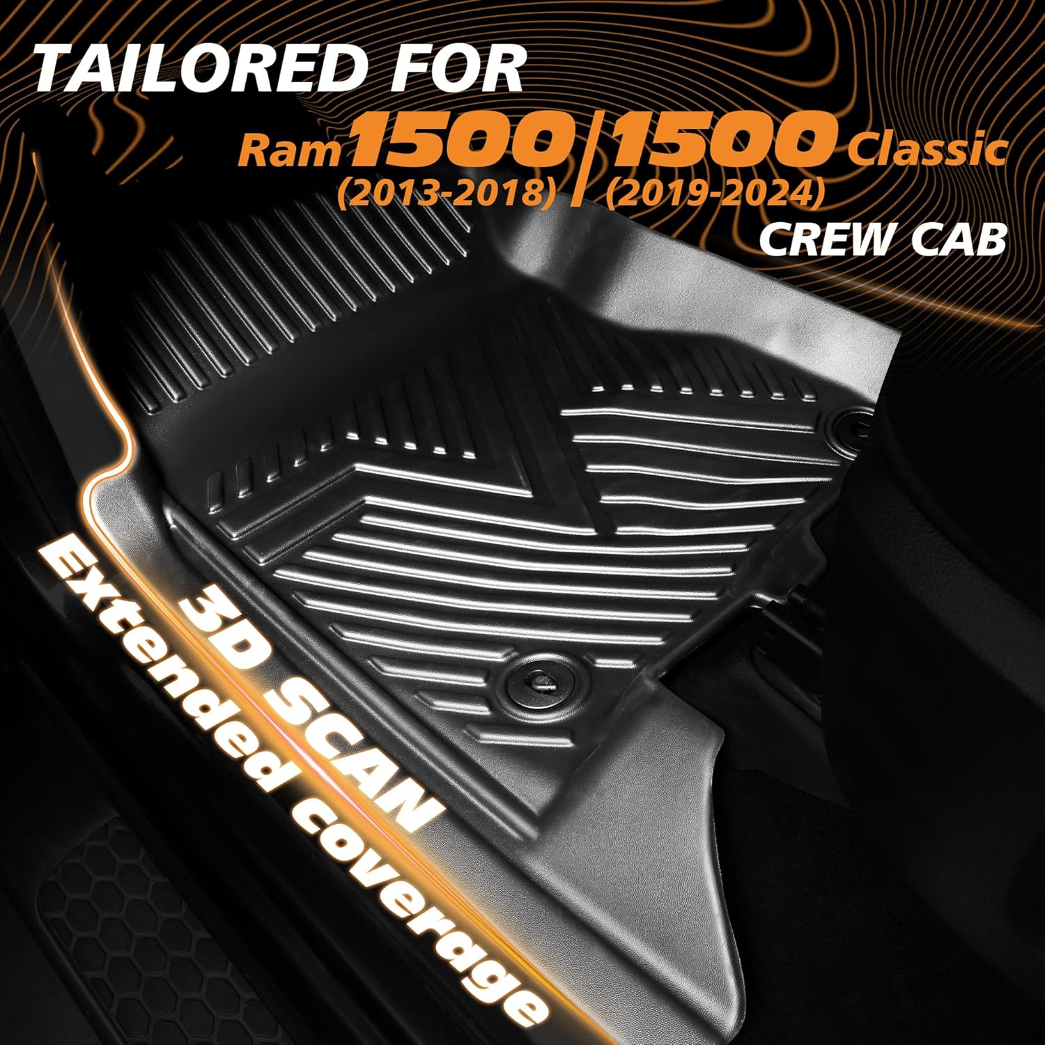 Floor Mats for Ram 1500 2500 3500 Crew Cab (2013-2018) & Ram 1500 Classic (2019-2024) | Front & Rear Floor Liners | Fit with Cargo Liners | All-Weather Truck Accessories