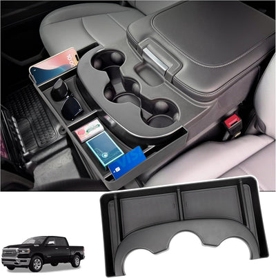 Front Cup Holder Storage Tray for 2013-2024 Ram 1500/Classic & 2500/3500 - Fits 3-Cup Jump Seat